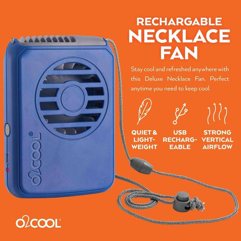O2COOL Rechargeable Deluxe Necklace Fan with USB Cord Blue