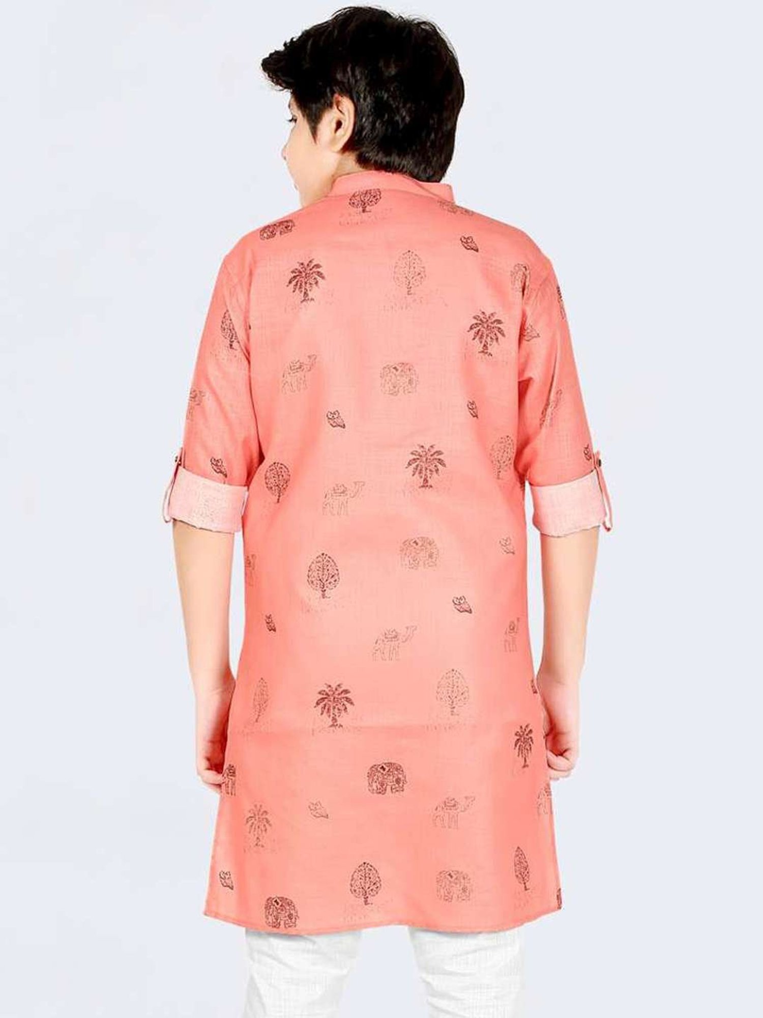 Cavio Kids Pink & White Cotton Printed Full Sleeves Kurta Set