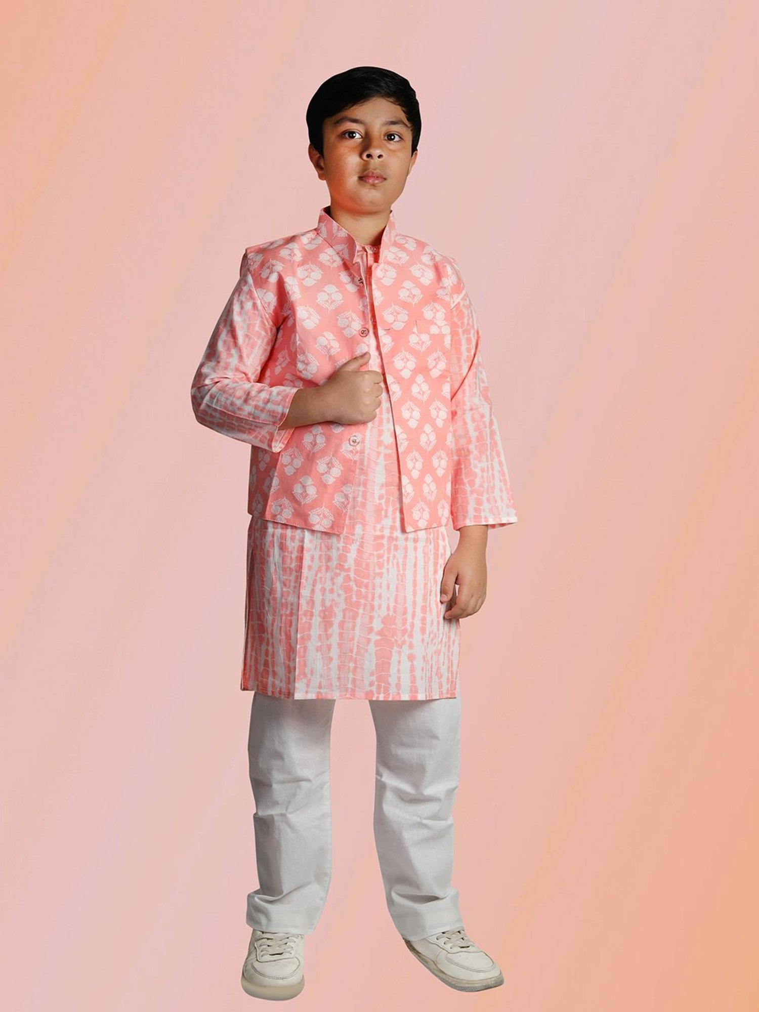 Tippy Top Kids Peach & White Floral Print Full Sleeves Kurta, Pyjamas with Jacket
