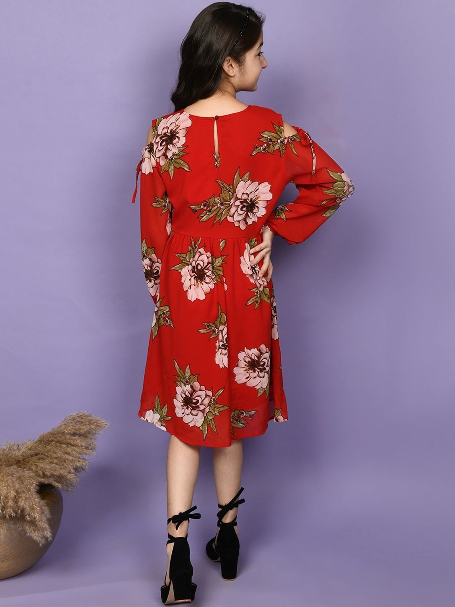 LilPicks Kids Red & Green Floral Print Dress