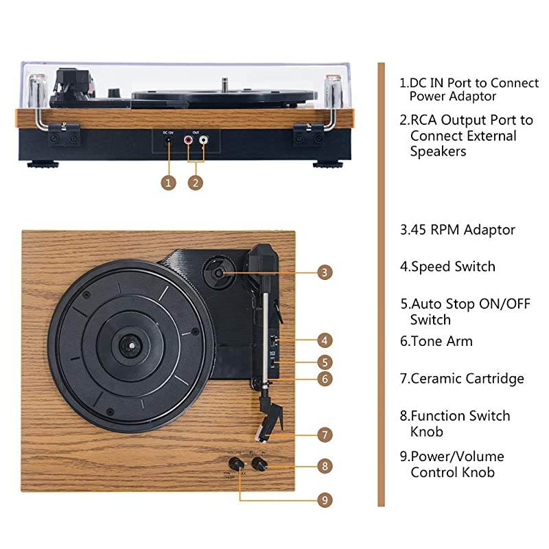 Retro BeltDrive Bluetooth Turntable with Separable Stereo Speakers3 Speed Vinyl Record PlayerYellow Brown