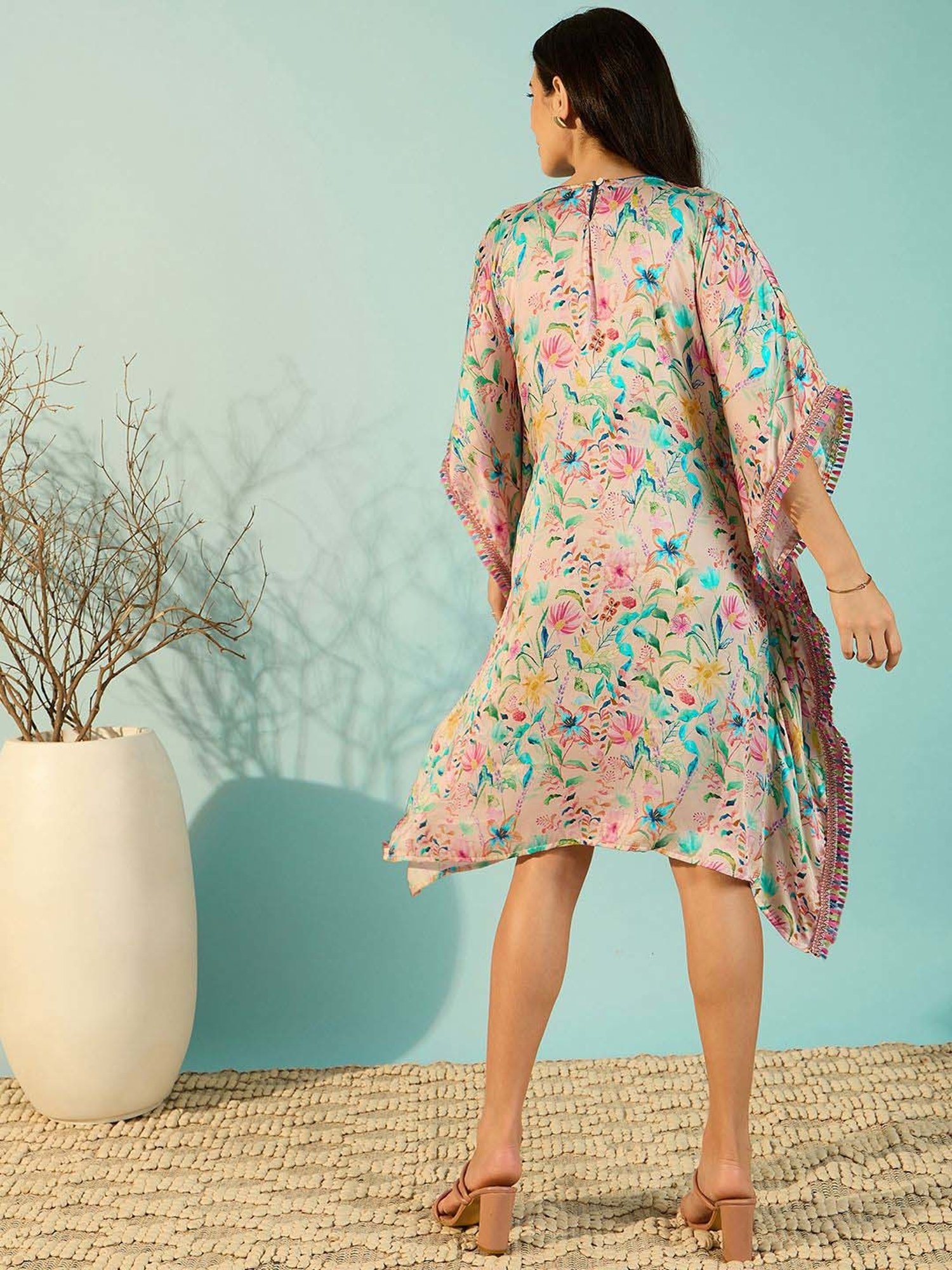 The Kaftan Company Peach Floral Print Kaftan