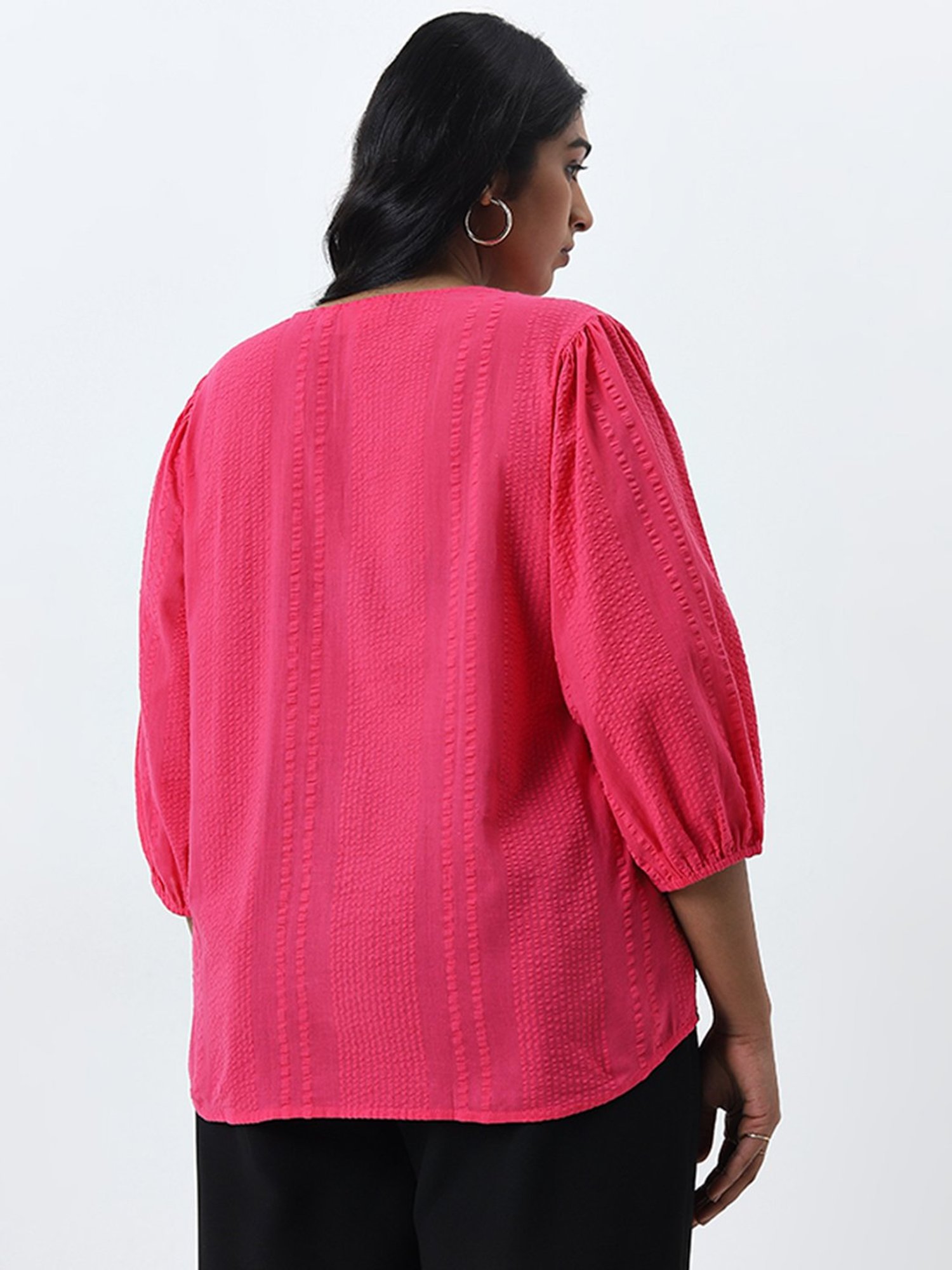 Gia by Westside Fuchsia Striped Seersucker Textured Blouse