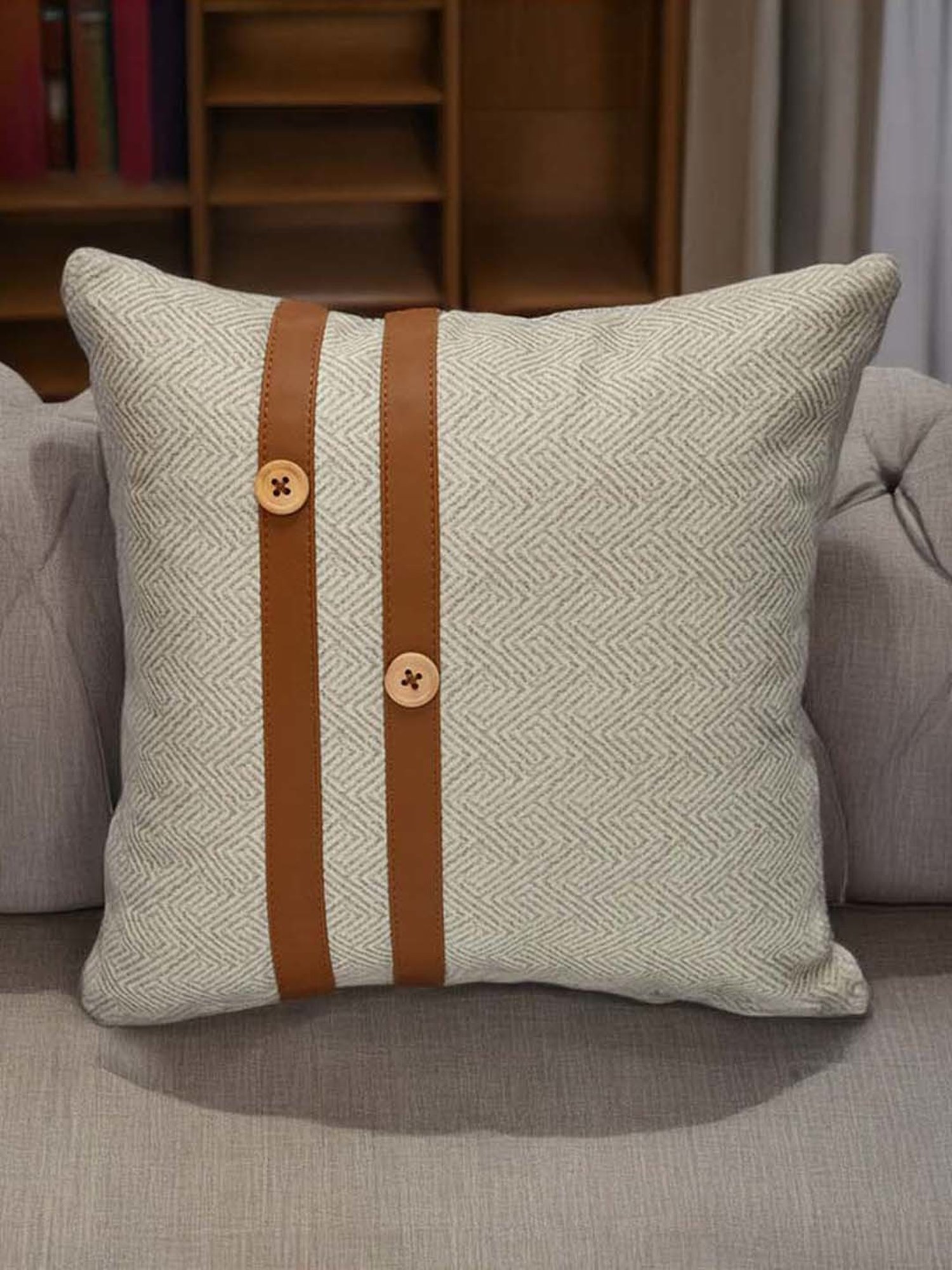 @home Beige Leather Cushion Cover With Zipper