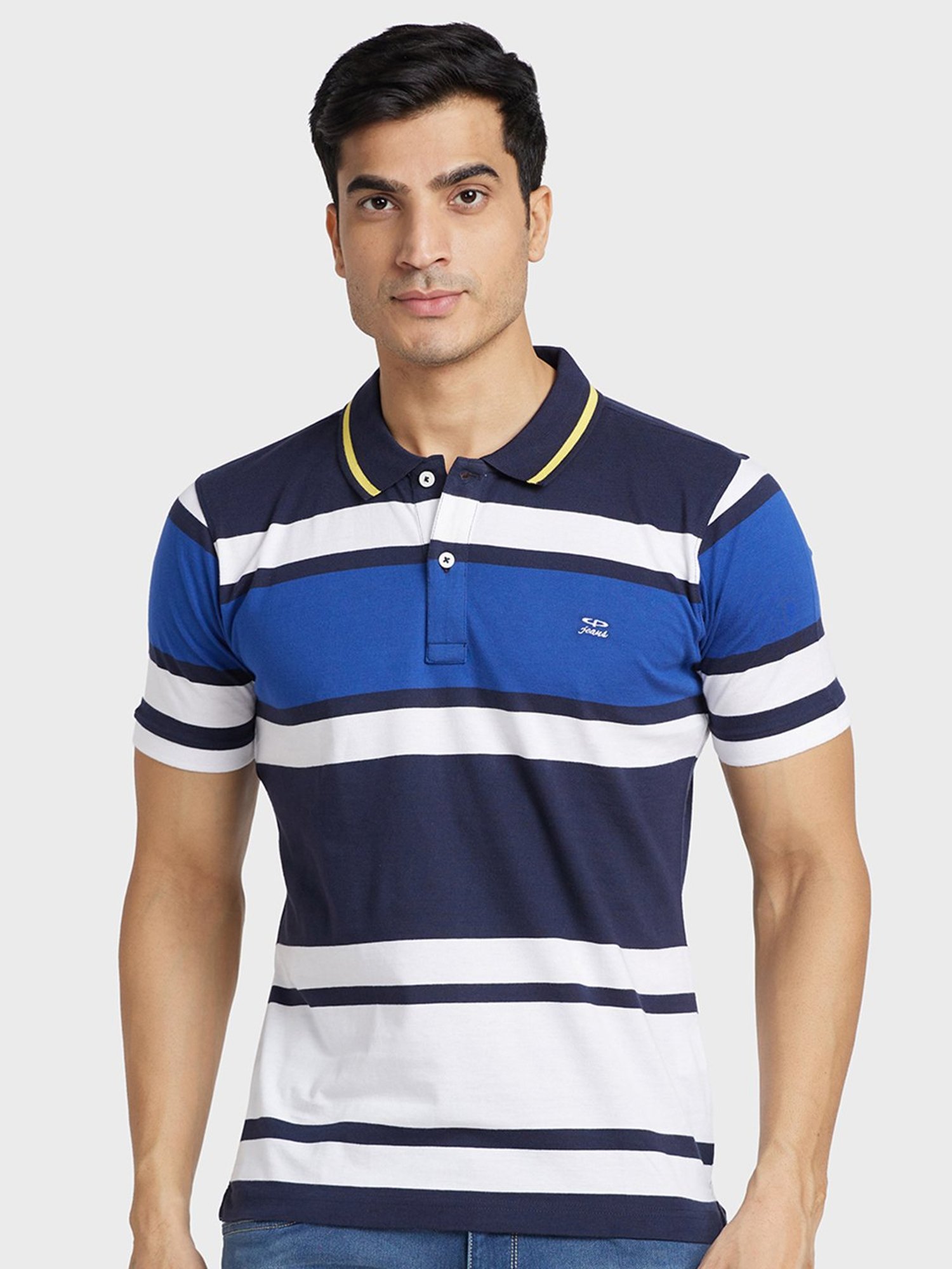 Colorplus Blue Cotton Tailored Fit Striped Polo T-Shirt
