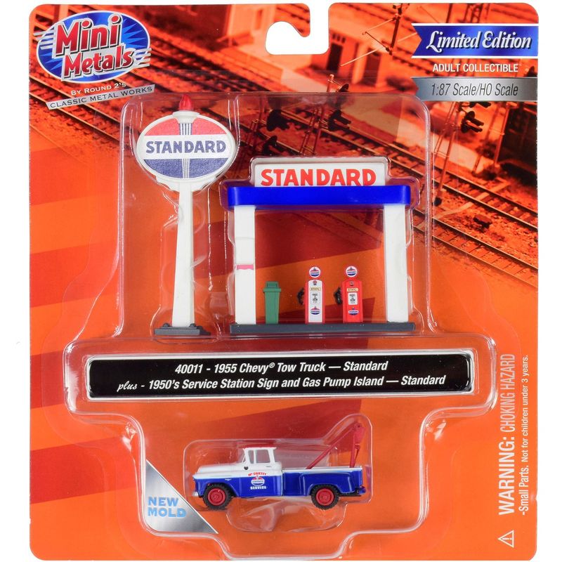 1955 Chevrolet Tow Truck w/Service Station Sign & Gas Pump Island "Standard Oil" 1/87 (HO) Scale by Classic Metal Works