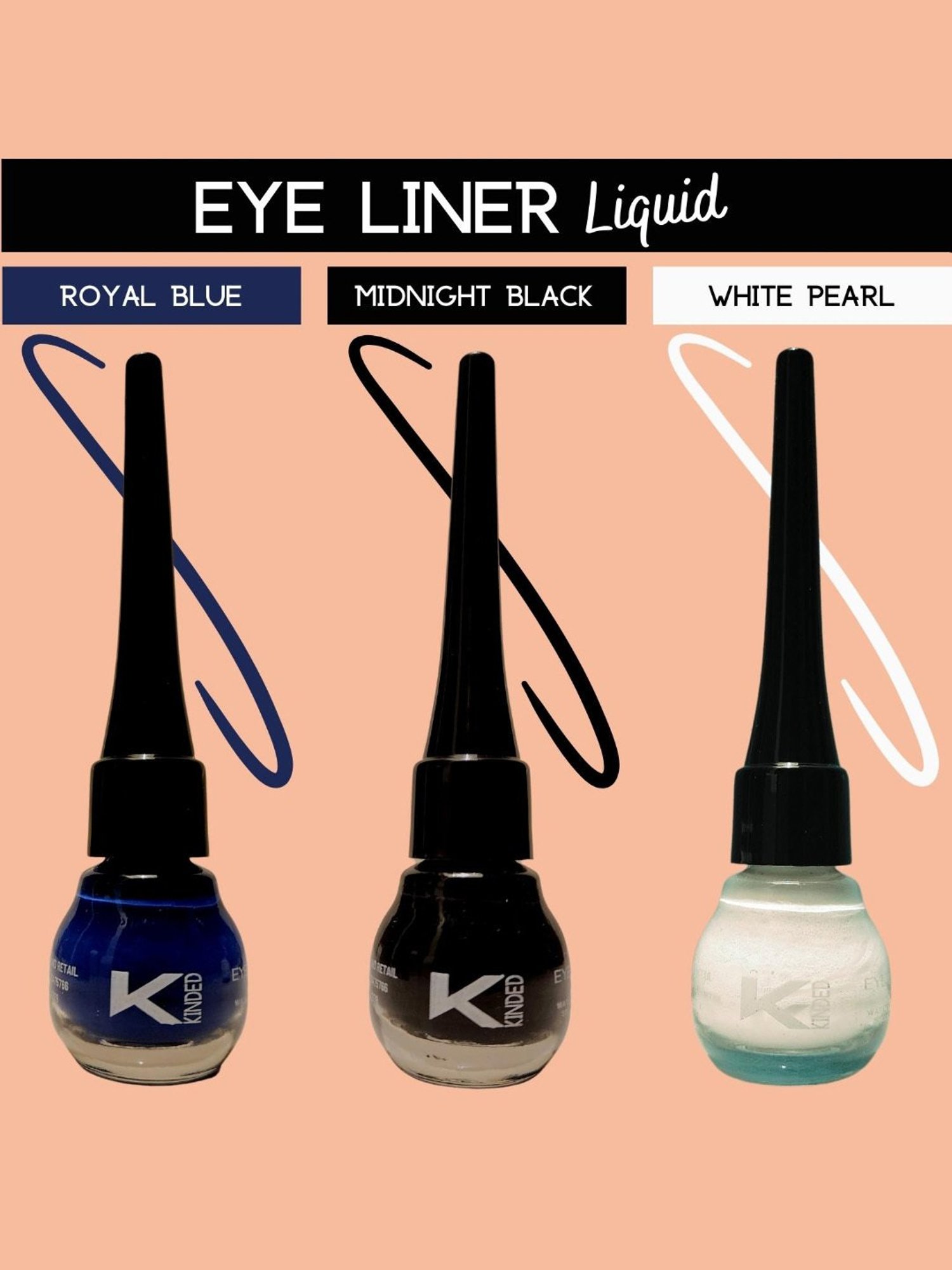 KINDED Liquid Eye Liner Midnight Black, Royal Blue & White Pearl Combo