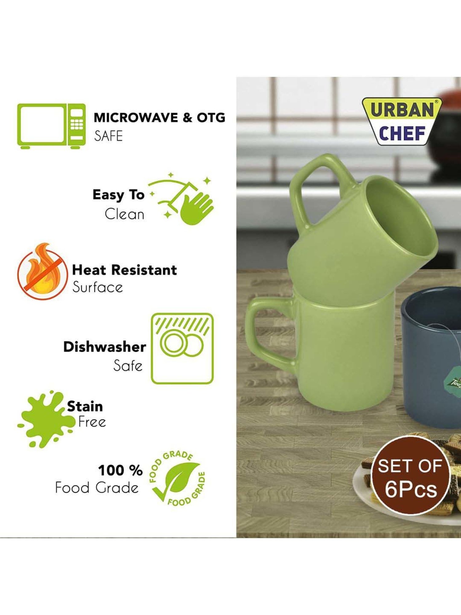 Urban Chef Dark Green & Parrot Green Ceramic Droite Handcrafted Microwave Safe Cup - Set of 6