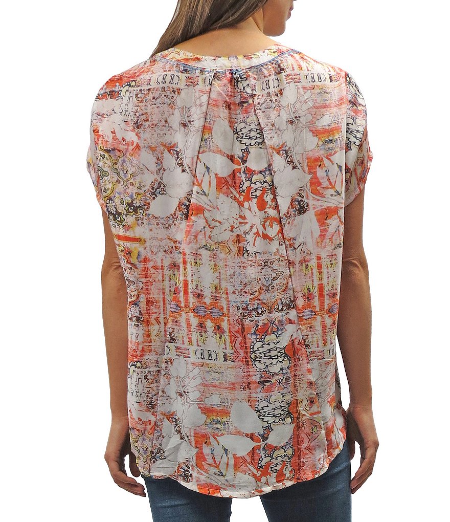 Karyn Seo Tally Embroidered Print Silk Split V-Neck Short Sleeve Blend Top