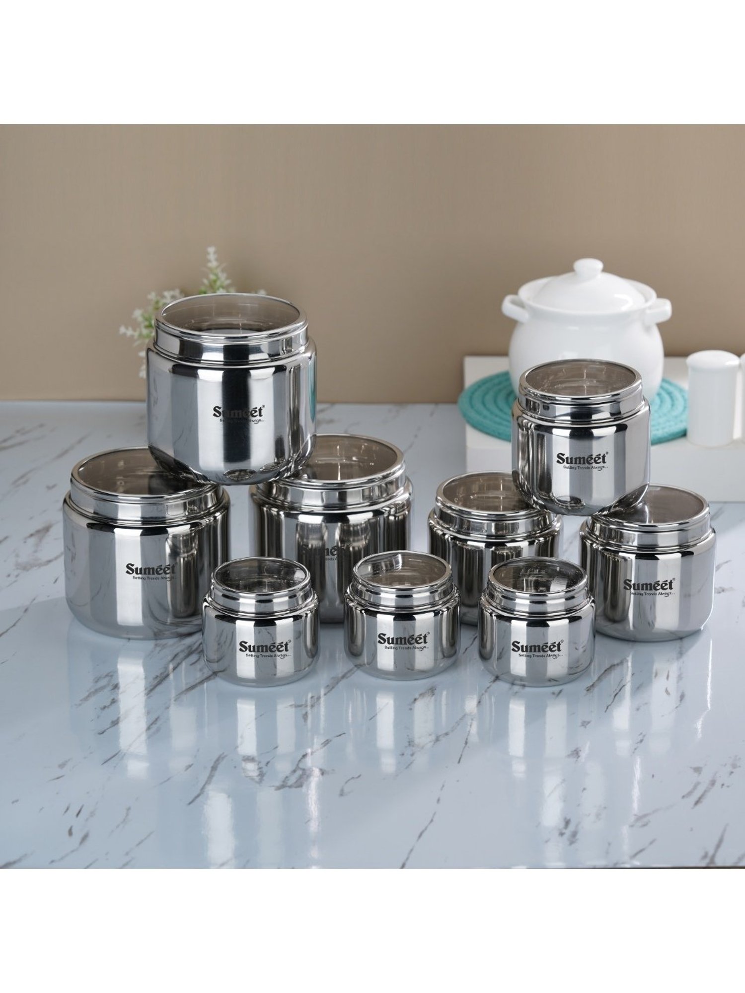 Sumeet S.S. Storage Containers with See Through Lid, Combo of 9 Pcs (400ml, 800ml & 1450ml-3Pc each)