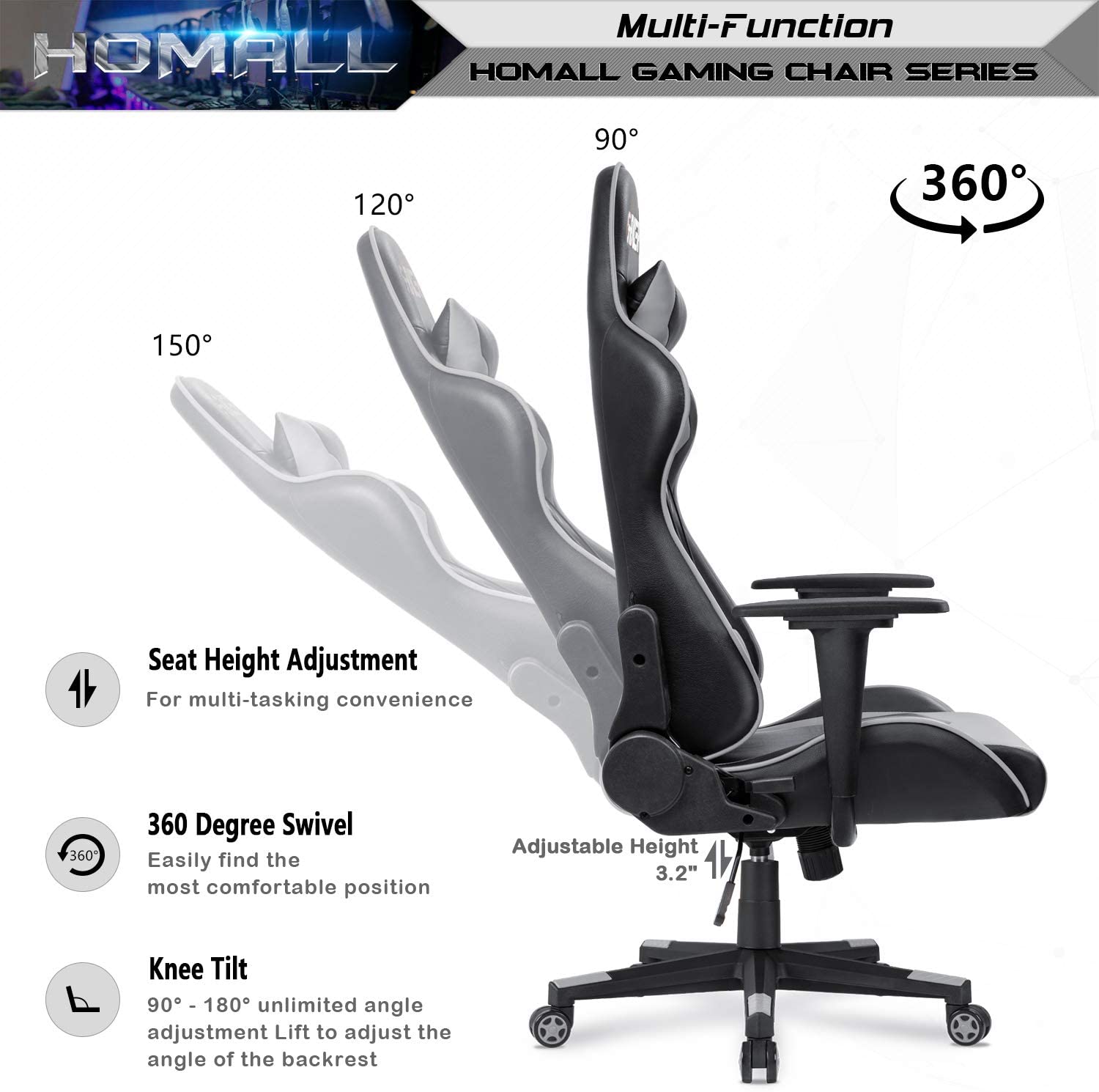 Homall Gaming Chair Office Chair High Back Computer Chair PU Leather Desk Chair Racing Executive Ergonomic Swivel Task Chair, Seat Height Adjustable, with Headrest and Lumbar Support (Blue)