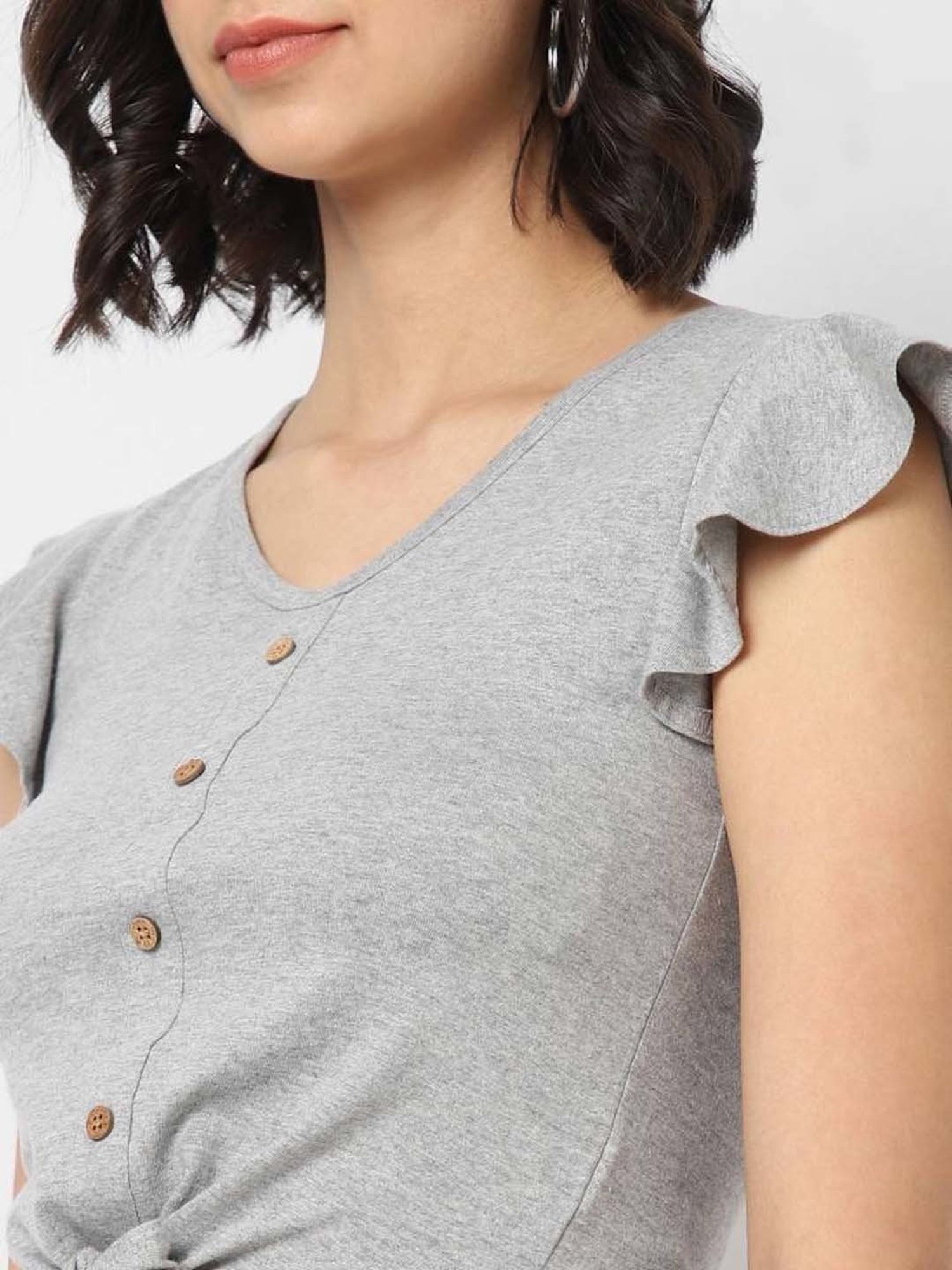 VASTRADO Grey Cotton V Neck Crop Top