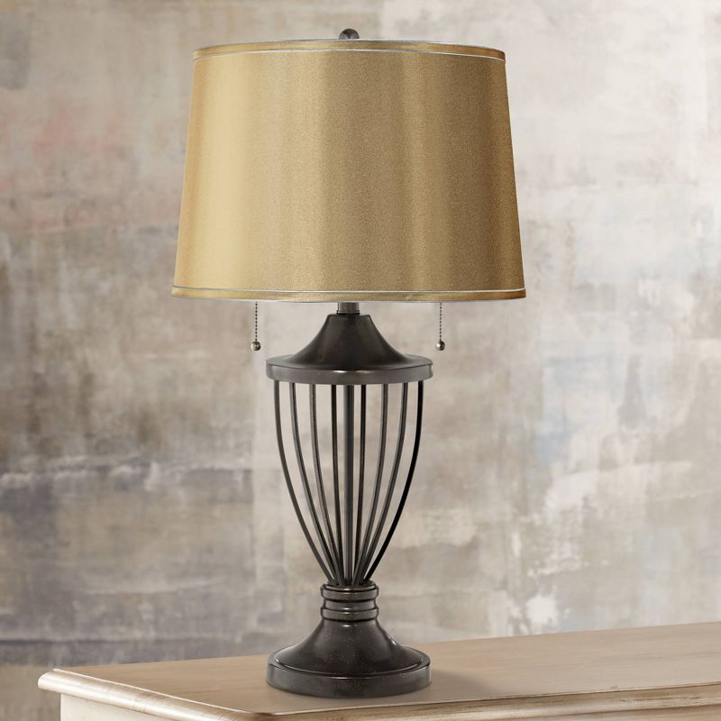 Barnes and Ivy Table Lamp Open Urn Bronze Iron Medium Gold Satin Drum Shade for Living Room Bedroom Bedside Nightstand Office