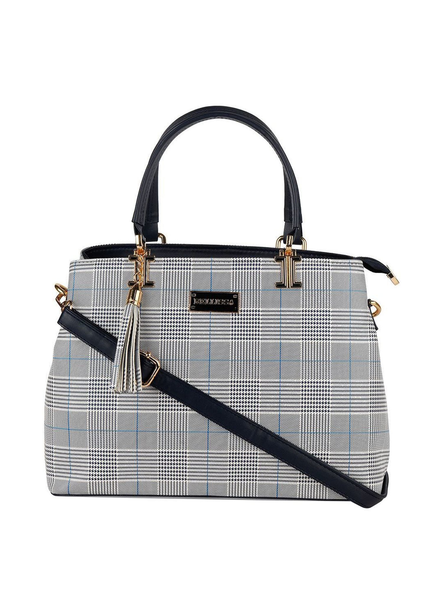 Bellissa Grey & Blue Striped Medium Handbag