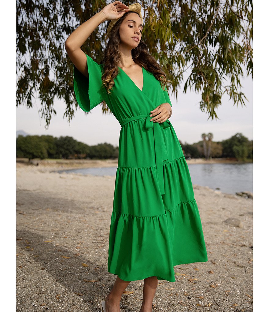 Adelyn Rae Tiered Faux Wrap V-Neck Midi Dress