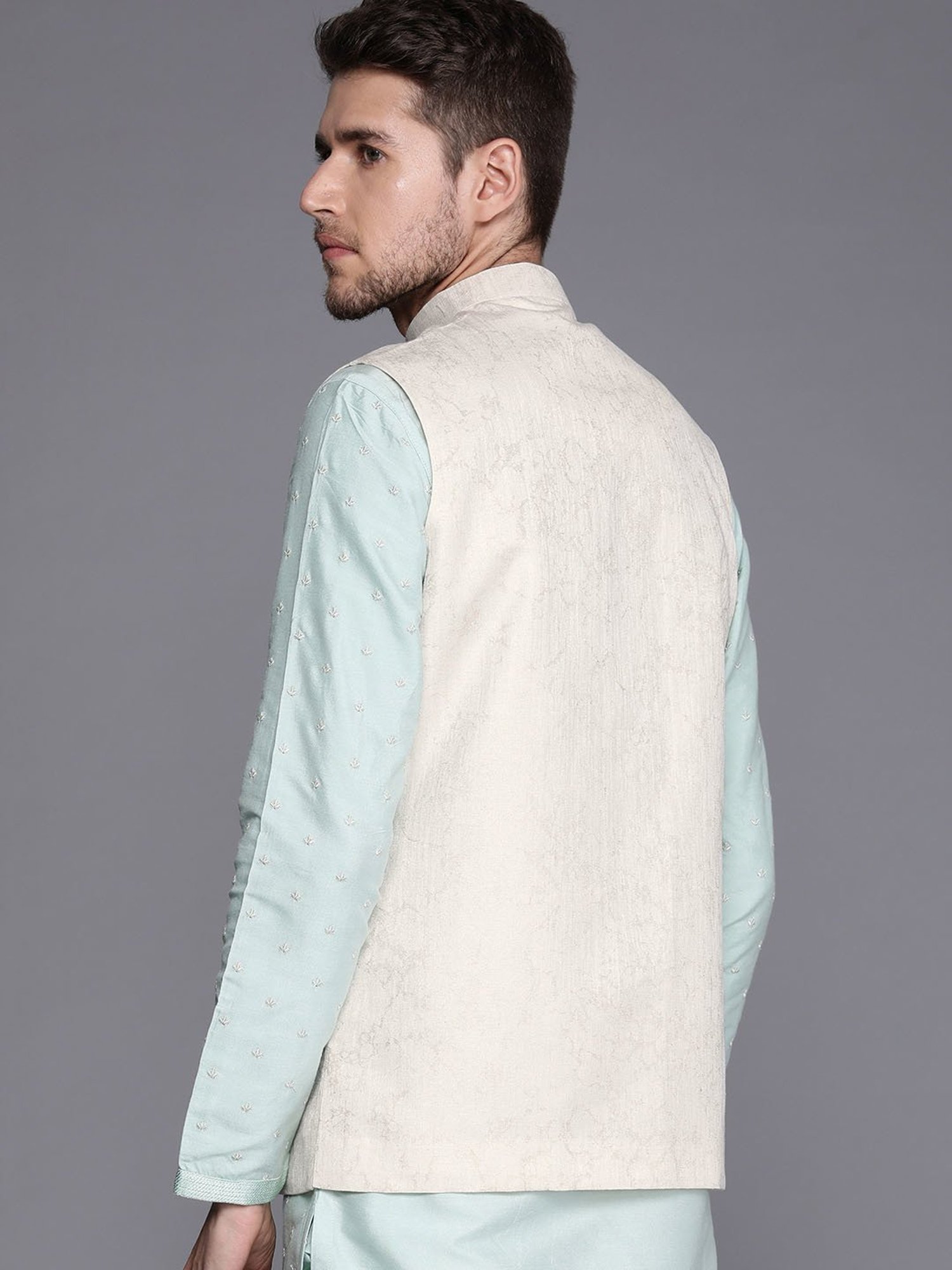 Manyavar Cream Regular Fit Self Design Nehru Jacket