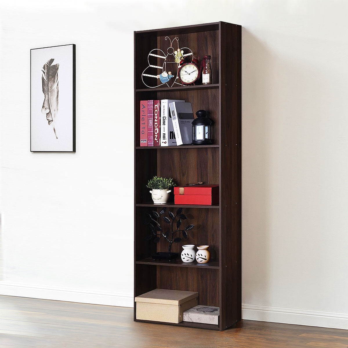 Costway 5-Shelf Storage Bookcase Stand Modern Multi-Functional Display Cabinet Walnut