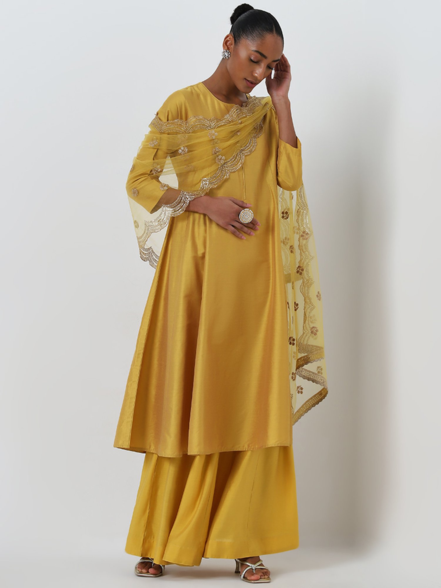 Vark by Westside Yellow Solid A-Line Kurta, Palazzos and Dupatta Set