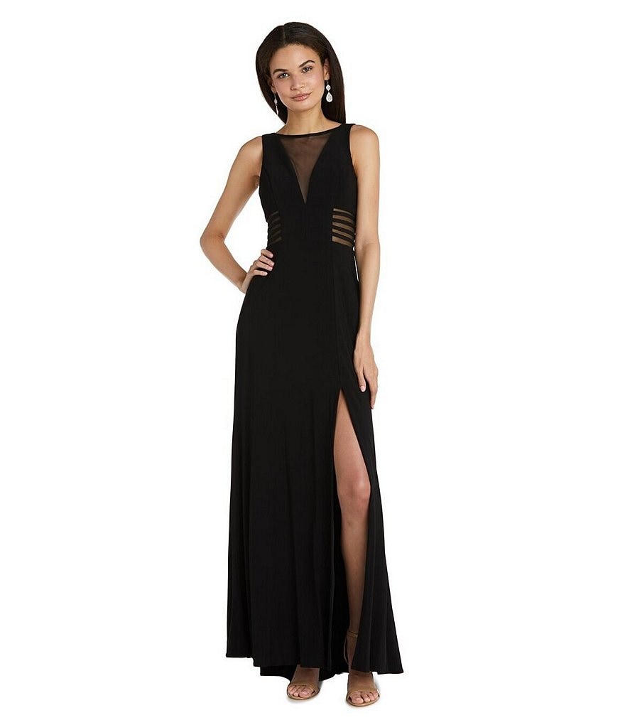 Morgan & Co. Power Mesh Deep V Plunging Neck Long Dress