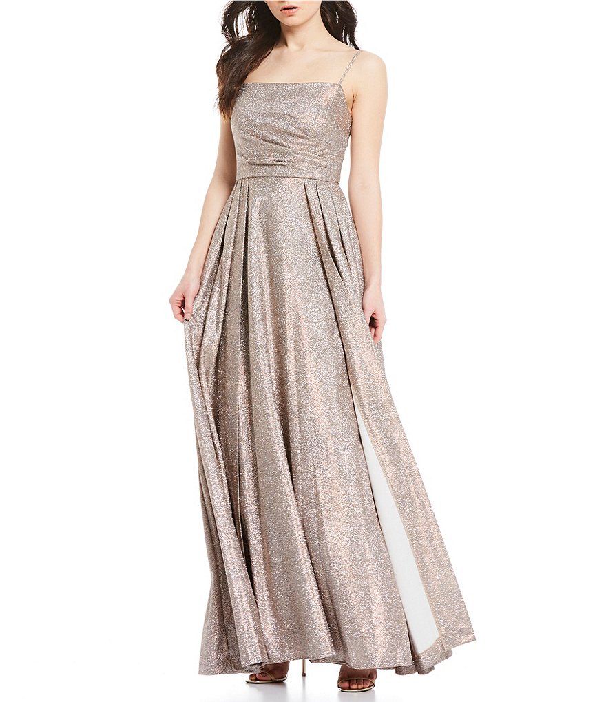 Morgan & Co. Spaghetti Strap Pleated Shimmer Ball Gown