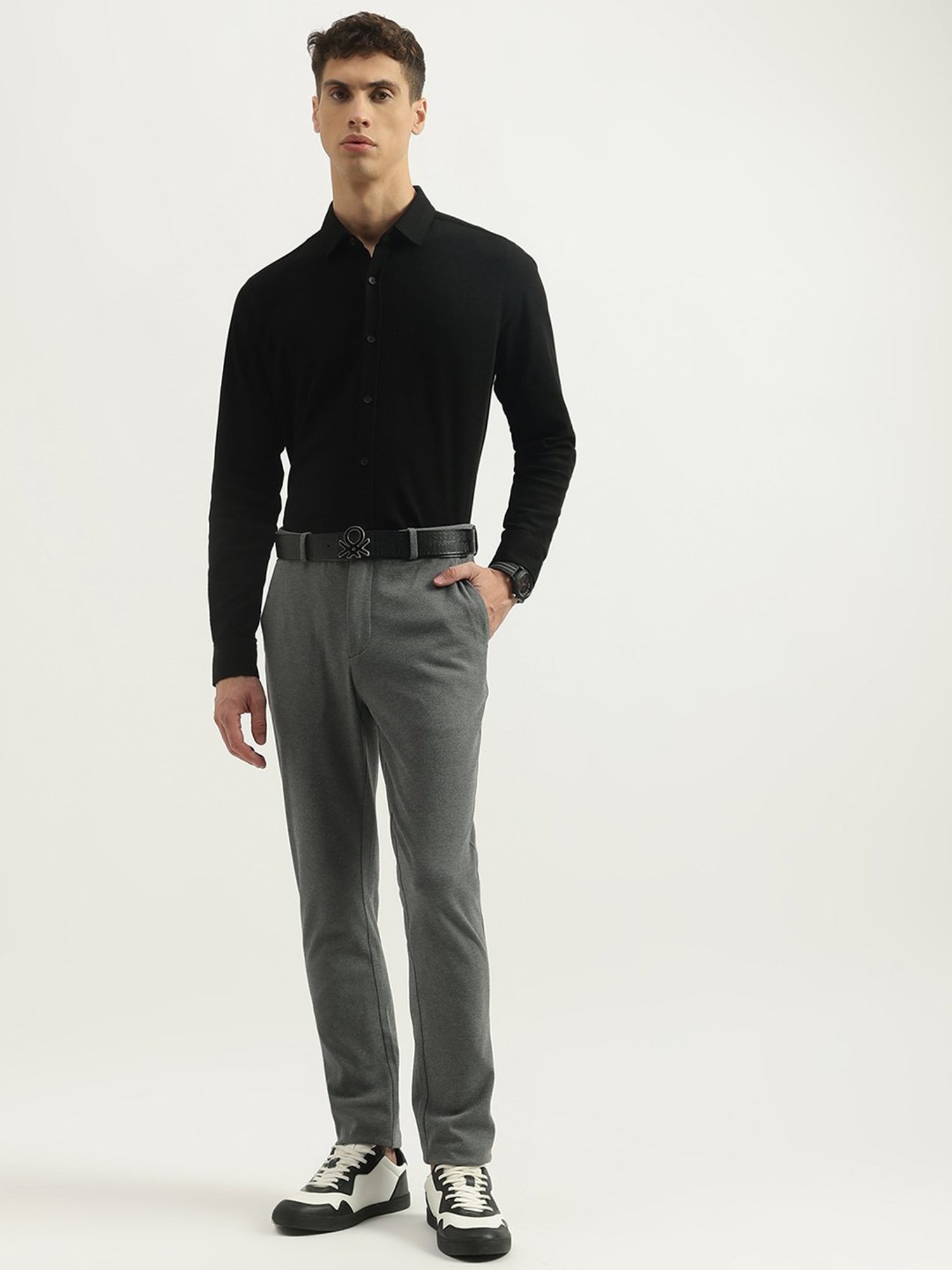 United Colors of Benetton Grey Polyester Viscose Blend Slim Textured Chinos