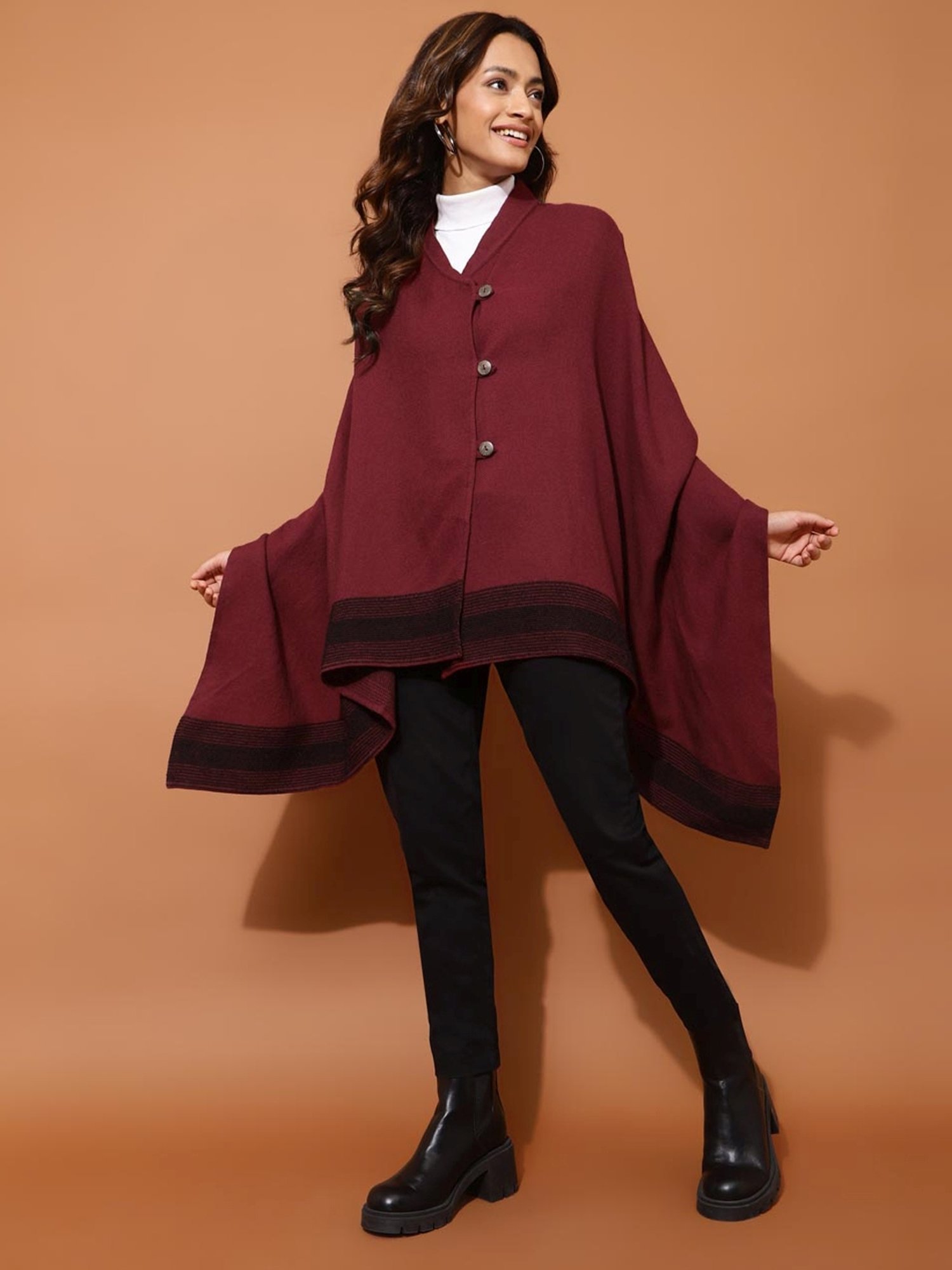 Fabindia Maroon Self Pattern Poncho