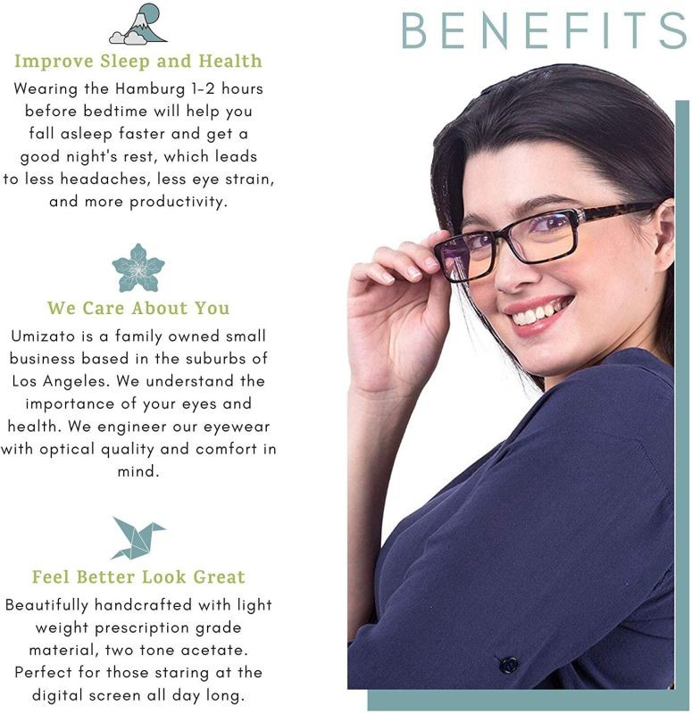 Blue Light Blocking Glasses for Men Women - Handcrafted and Designed to Help You Sleep Better, Relieve Headaches, Migraines - UV Blocker, Anti-Glare, Computer Gaming (Hamburg in Tortoise)