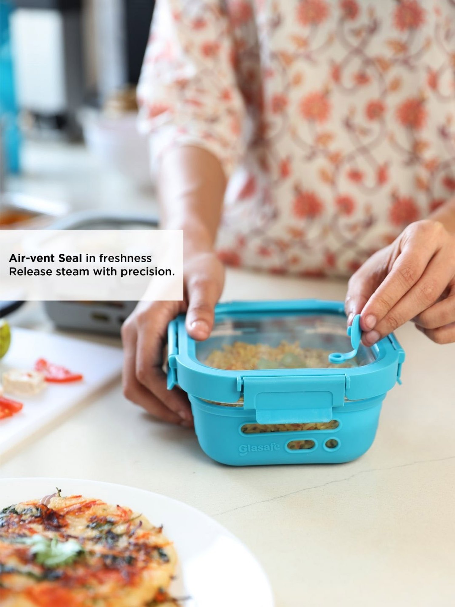 Glasafe Fresh Grip Teal Borosilicate Tiffin with Protective Silicone Sleeve - Set of 2 (320ml)