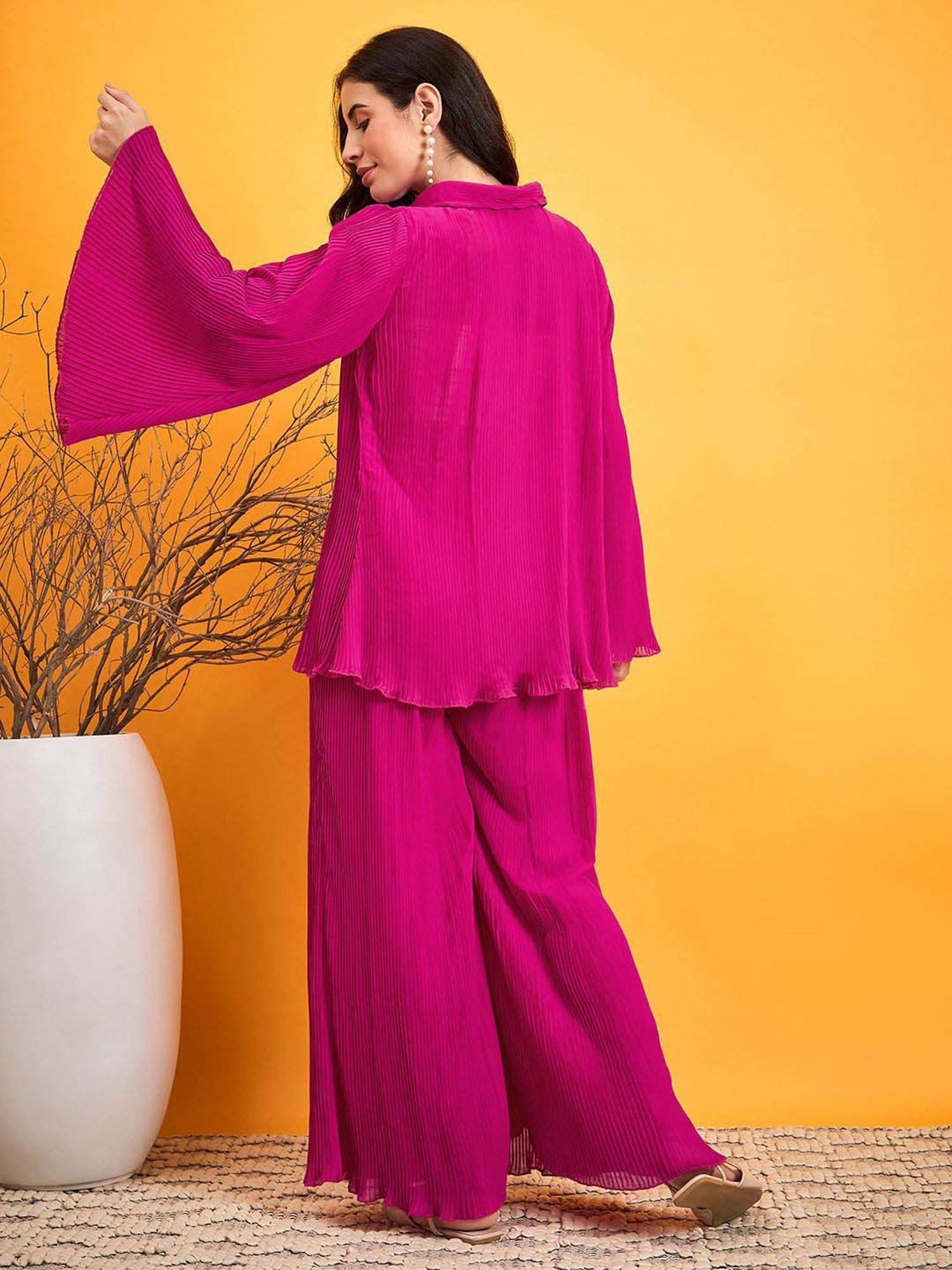 The Kaftan Company Pink Plain Shirt Palazzos Set
