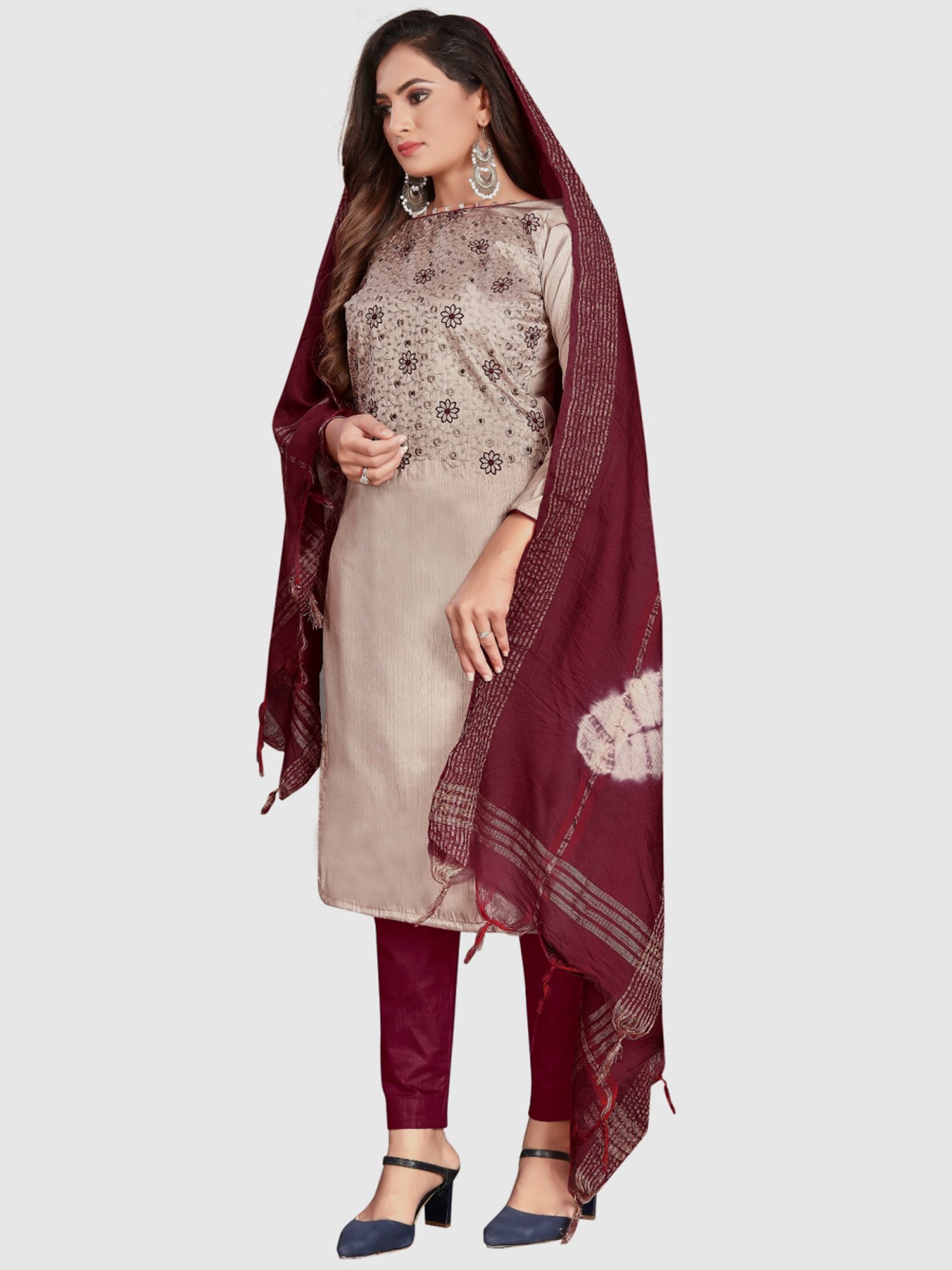 APNISHA Beige Embroidered Unstitched Dress Material