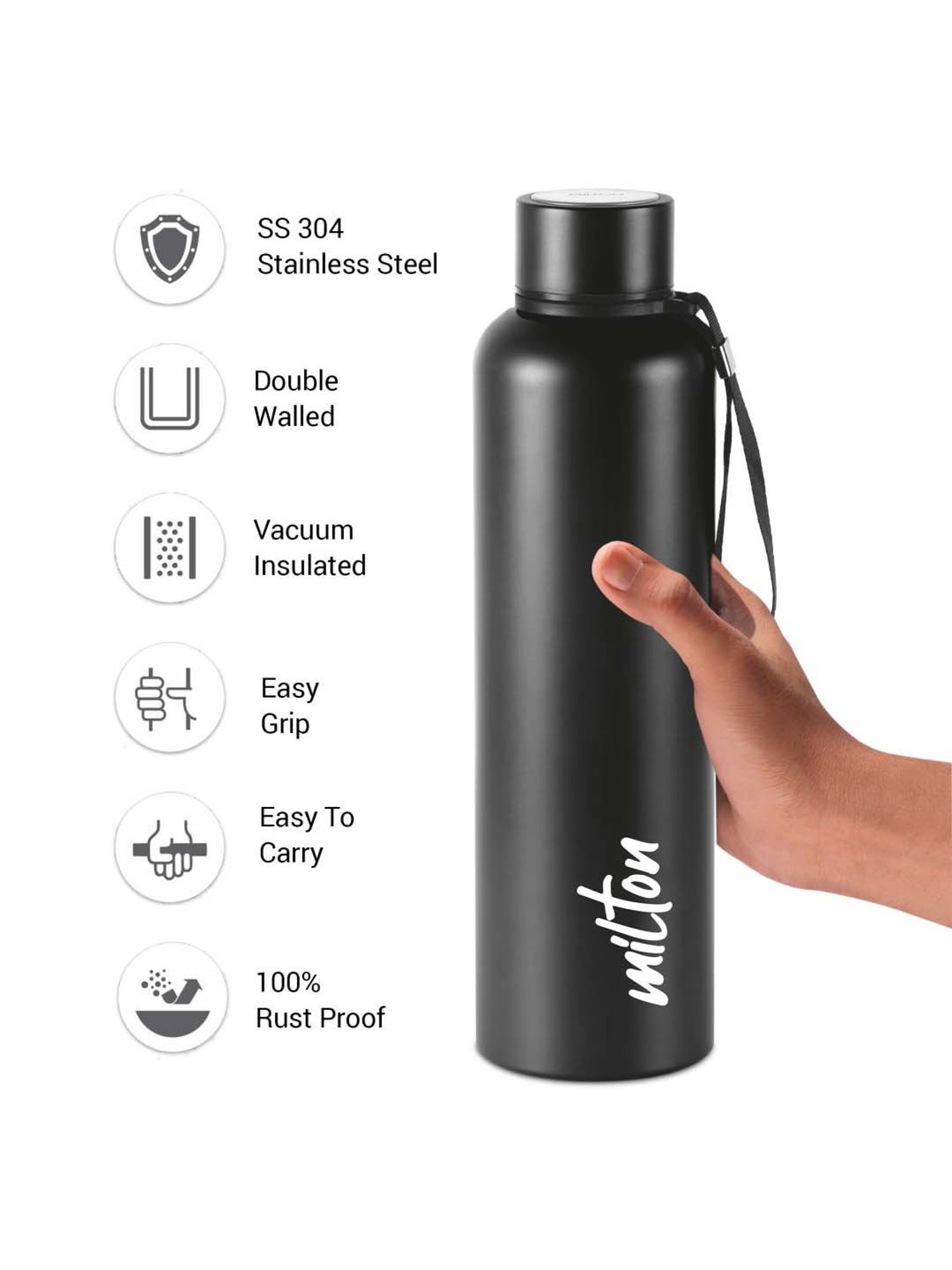 Milton Aura 1000 Black Stainless Steel Vaccum Insulated Thermosteel Bottle (1.05 L)
