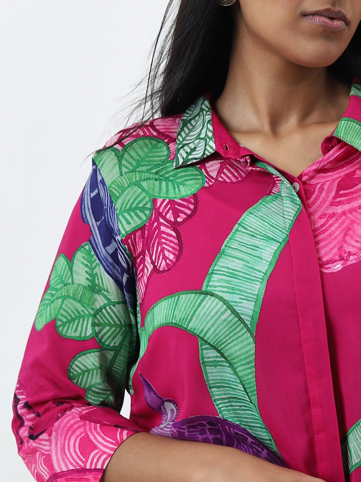 Diza by Westside Fuschia Pink Leaf Design Straight Ethnic Tunic