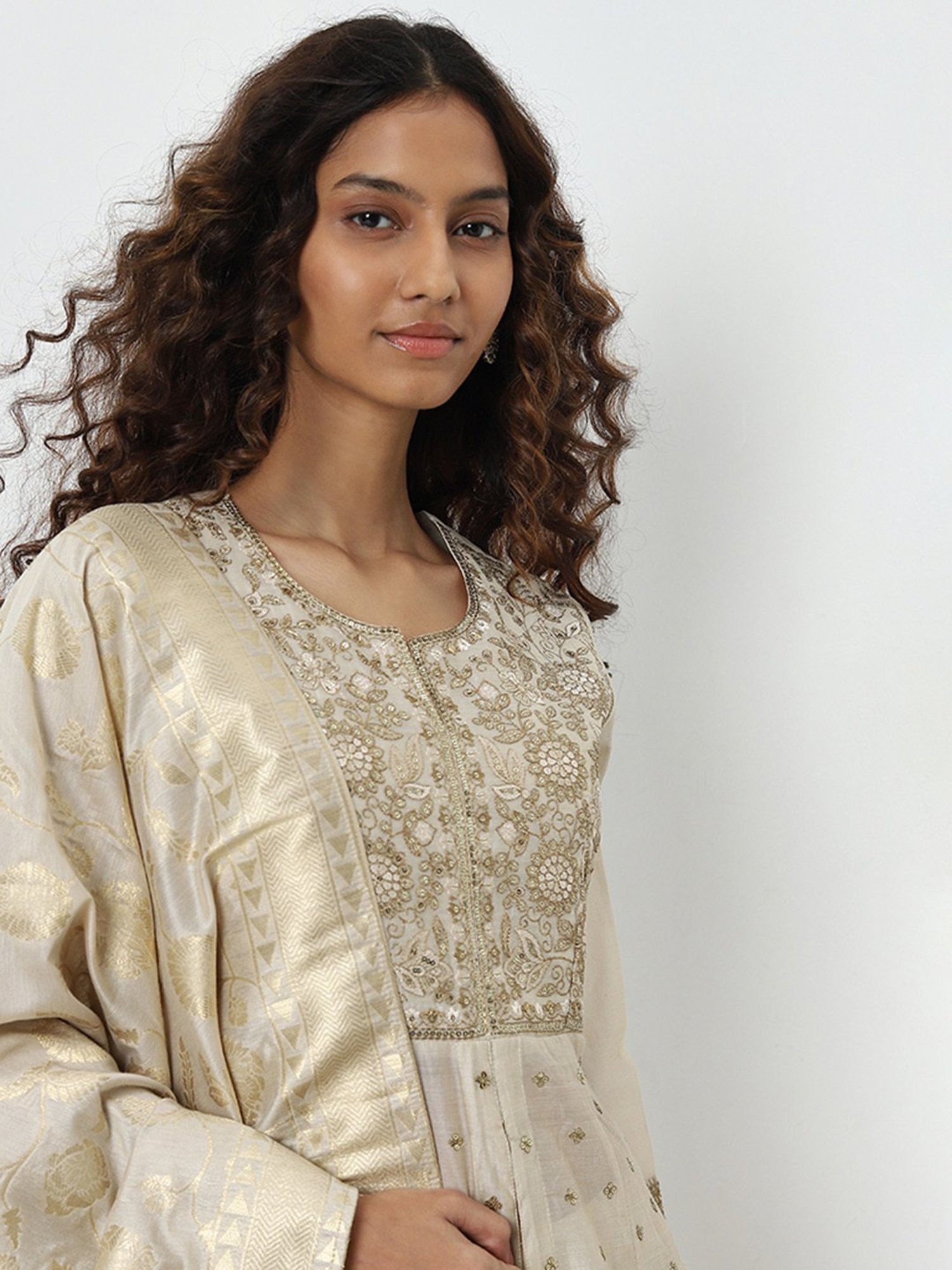 Vark by Westside Beige Embellished A-Line Kurta, Skirt and Dupatta Set