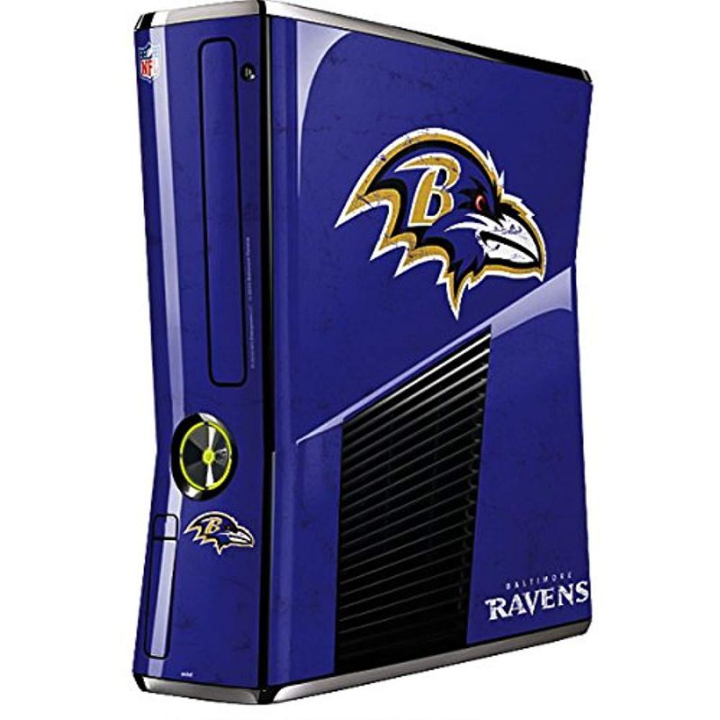 skinit decal gaming skin for xbox 360 slim (2010) - officially licensed nfl baltimore ravens distressed design