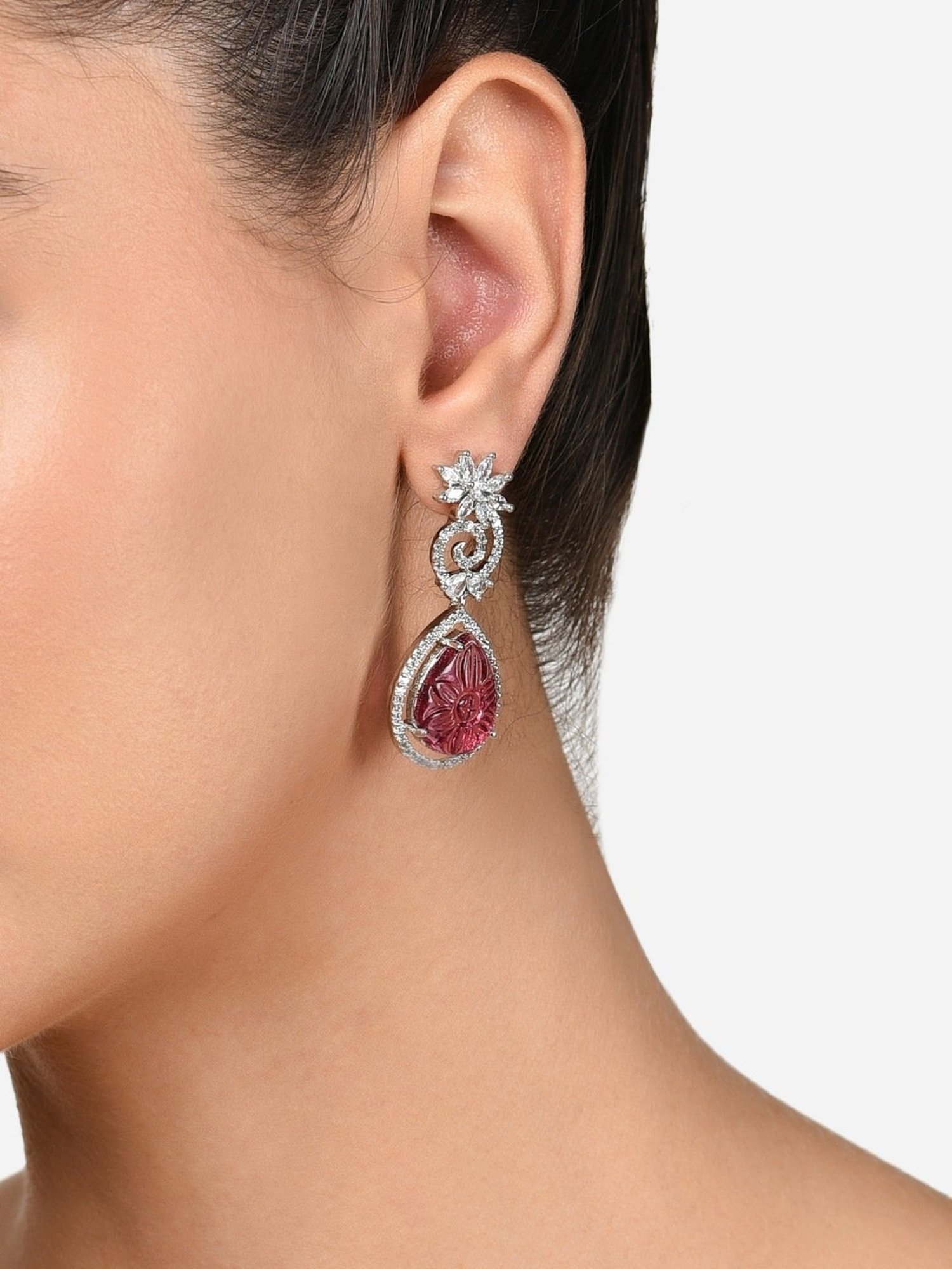 Zaveri Pearls Wine Stone Dazzling Cubic Zirconia Brass Contemporary Drop Earrings-ZPFK15822