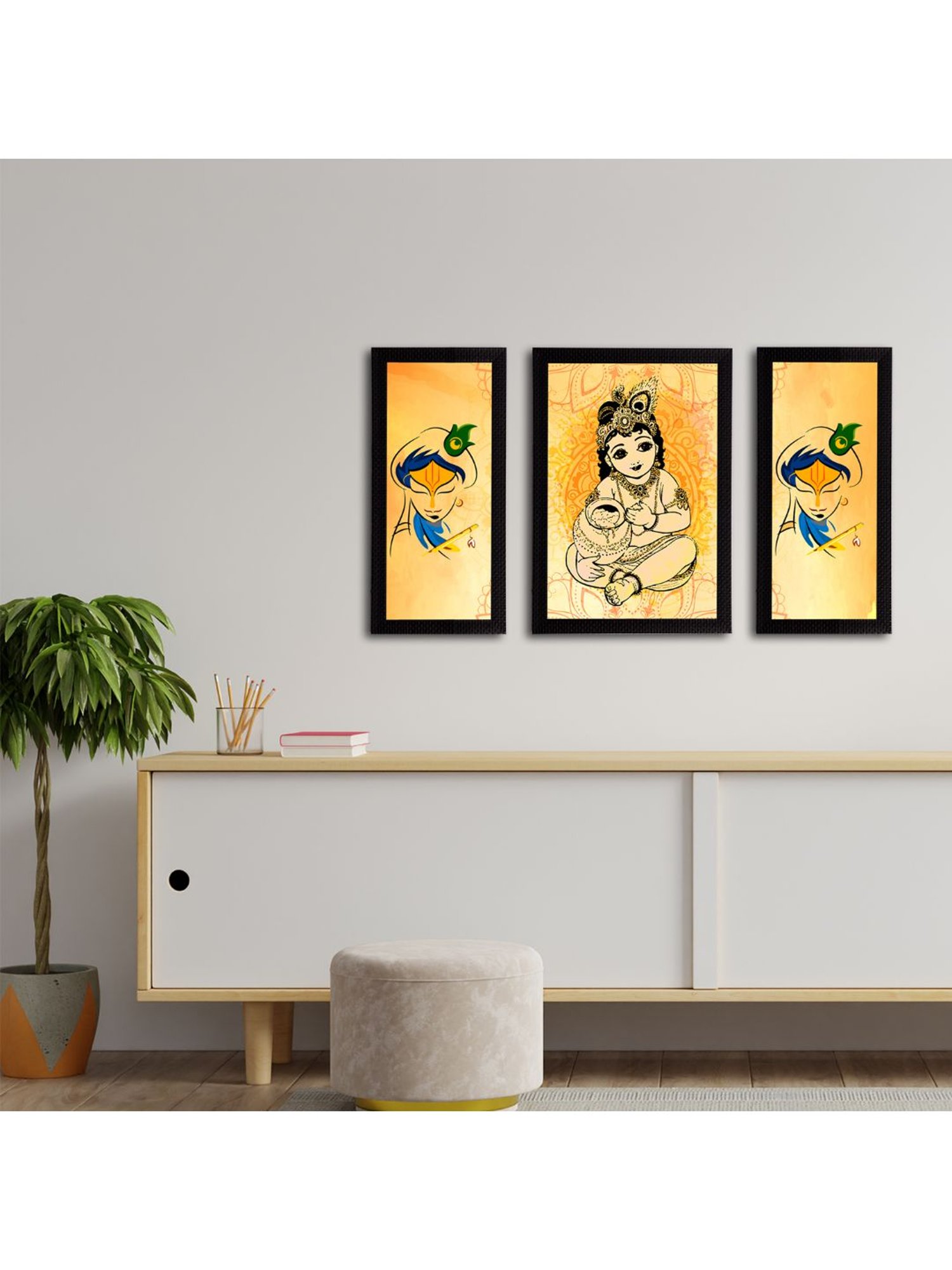 eCraftIndia Set of 3 Lord Krishna Satin Matt Texture UV Art Painting