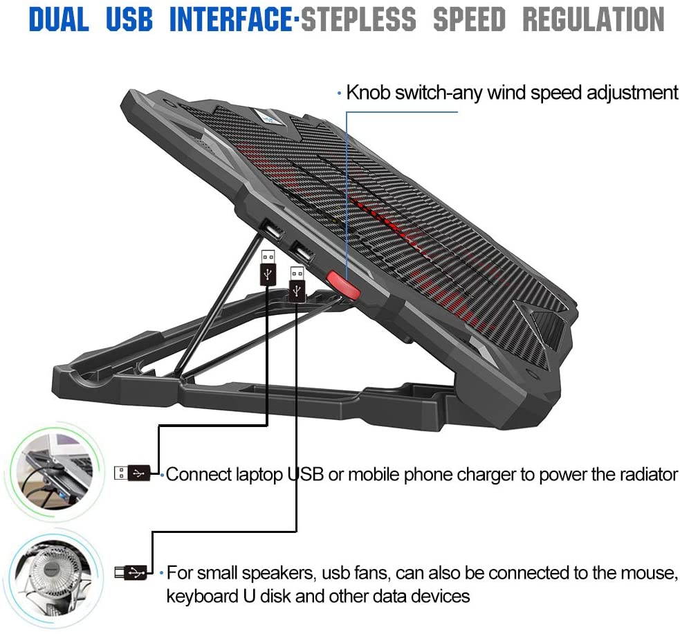 Pccooler Laptop Cooling Pad, Laptop Cooler with 5 Quiet Red LED Fans for 12-17.3 Inch Laptop, Dual USB 2.0 Ports, Portable 6 Angle Adjustable Laptop Stand for Gaming Laptop (PC-R5)