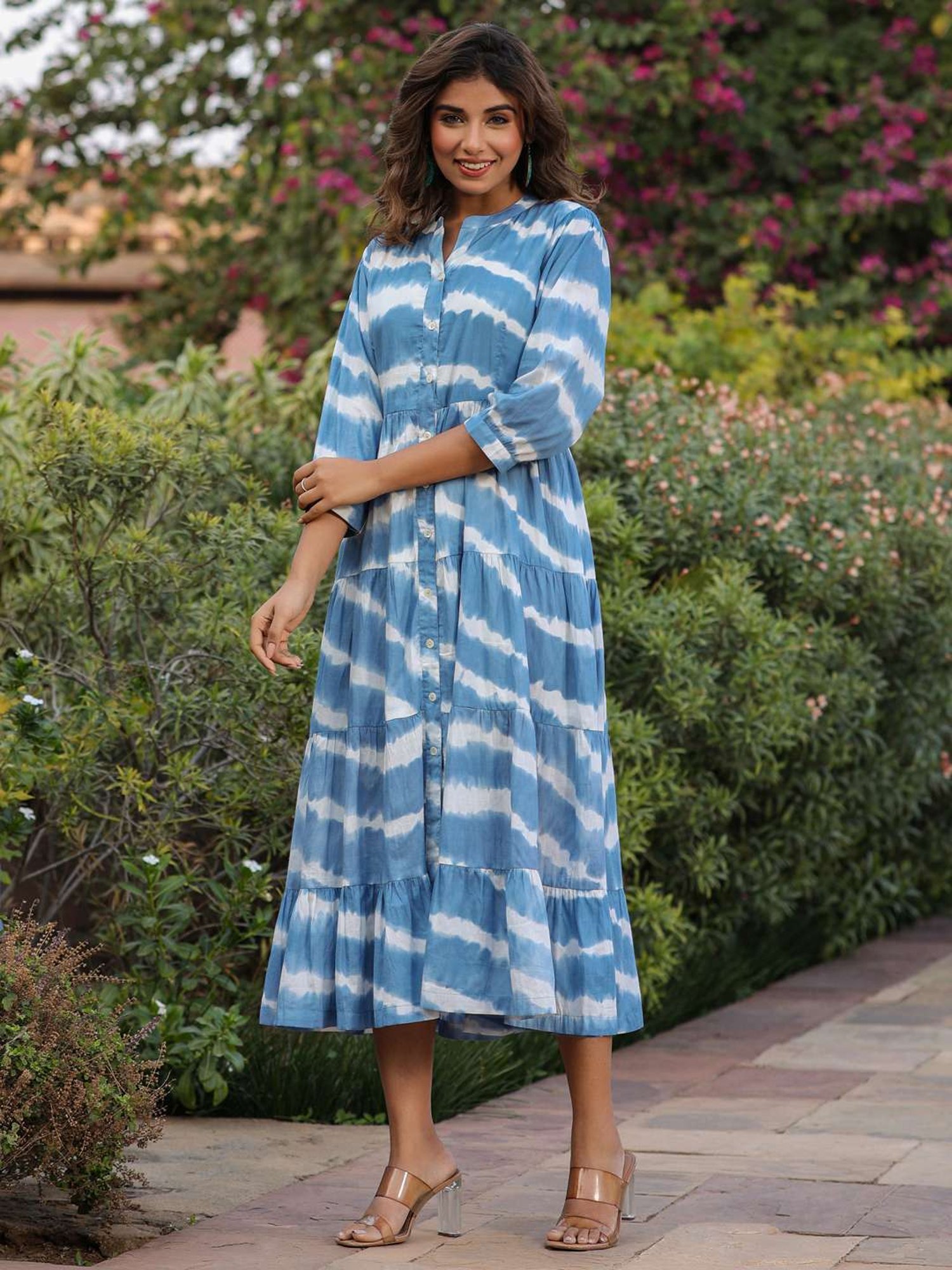 Rain and Rainbow Blue Cotton Tie & Dye A-Line Dress