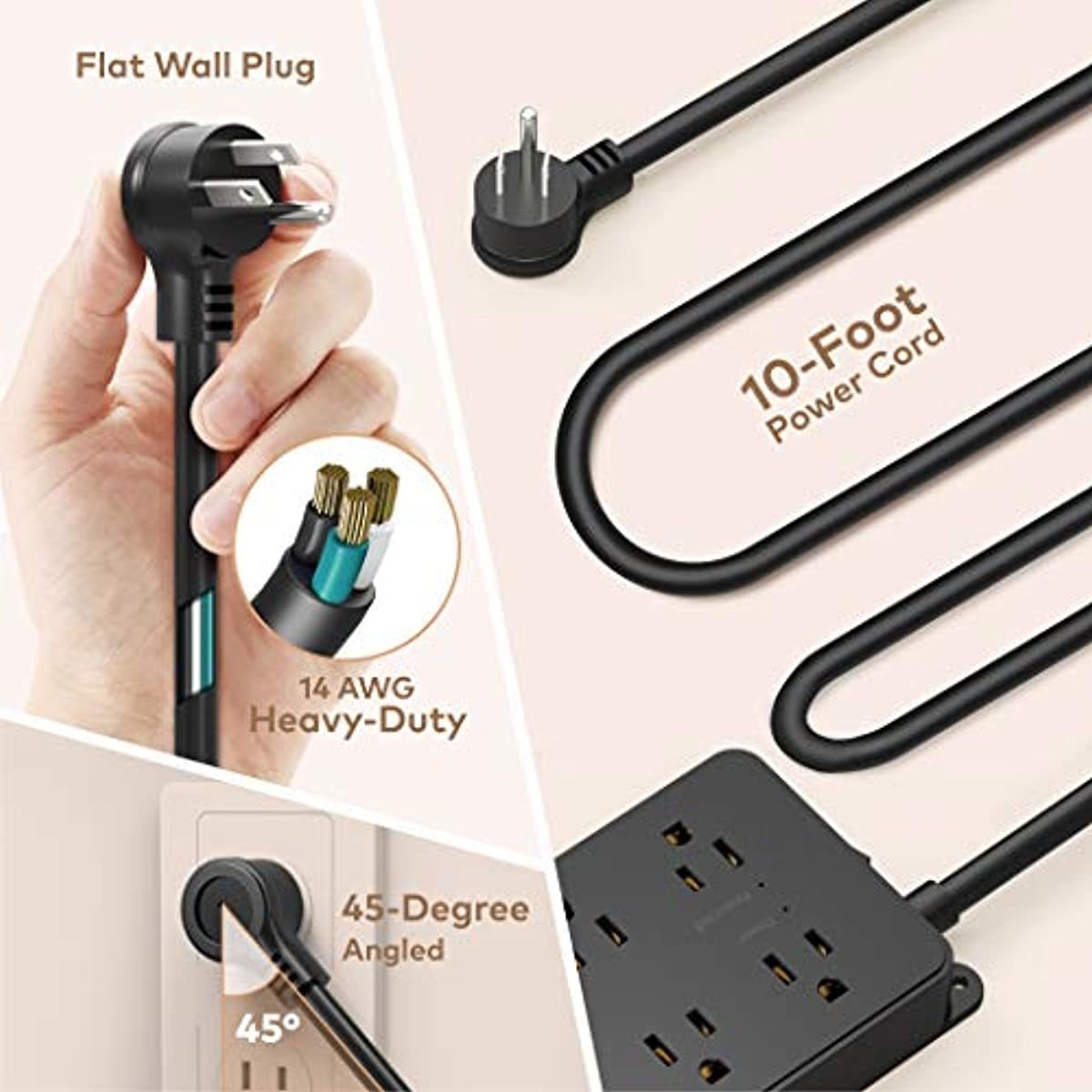 Power Strip Surge Protector with USB, ETL Listed, TROND Flat Plug Extension Cord Long 10ft, Wall Mountable, 7 Widely-Spaced Outlets & 3 USB Ports, 1700 Joules, Black