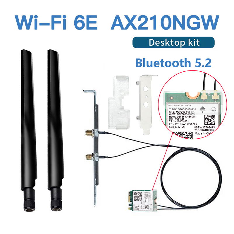 FV-AXE210NG Wi-Fi 6E Desktop Kit Wireless Adapter Bluetooth 5.2 + 3000Mbps 2.4Ghz 5Ghz 6Ghz M.2 2230 Key E With Intel AX210 AX210NGW 802.11ax/ac Support MU-MIMO OFDMA Windows 10 With 6Dbi Antenna Set