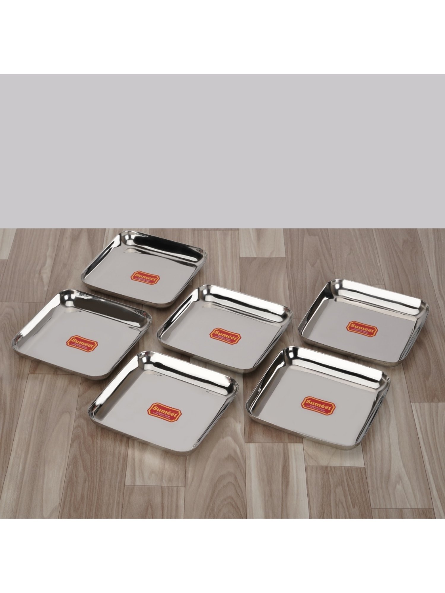 Sumeet S.S. Medium Square Shape Plate/Snacks Plate/Breakfast Plate Set of 6pcs, 15cm dia, Silver
