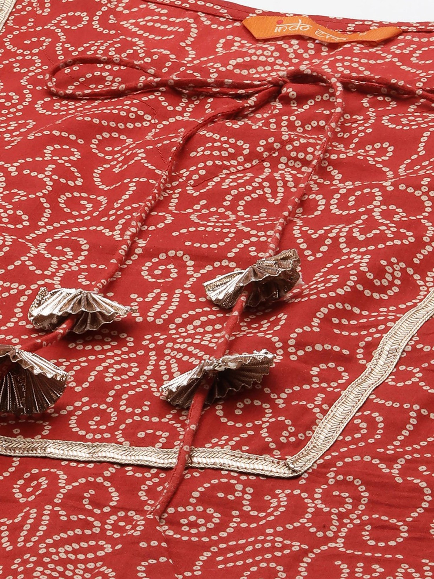 Indo Era Red & Cream Bandhani Kurta Skirt Set
