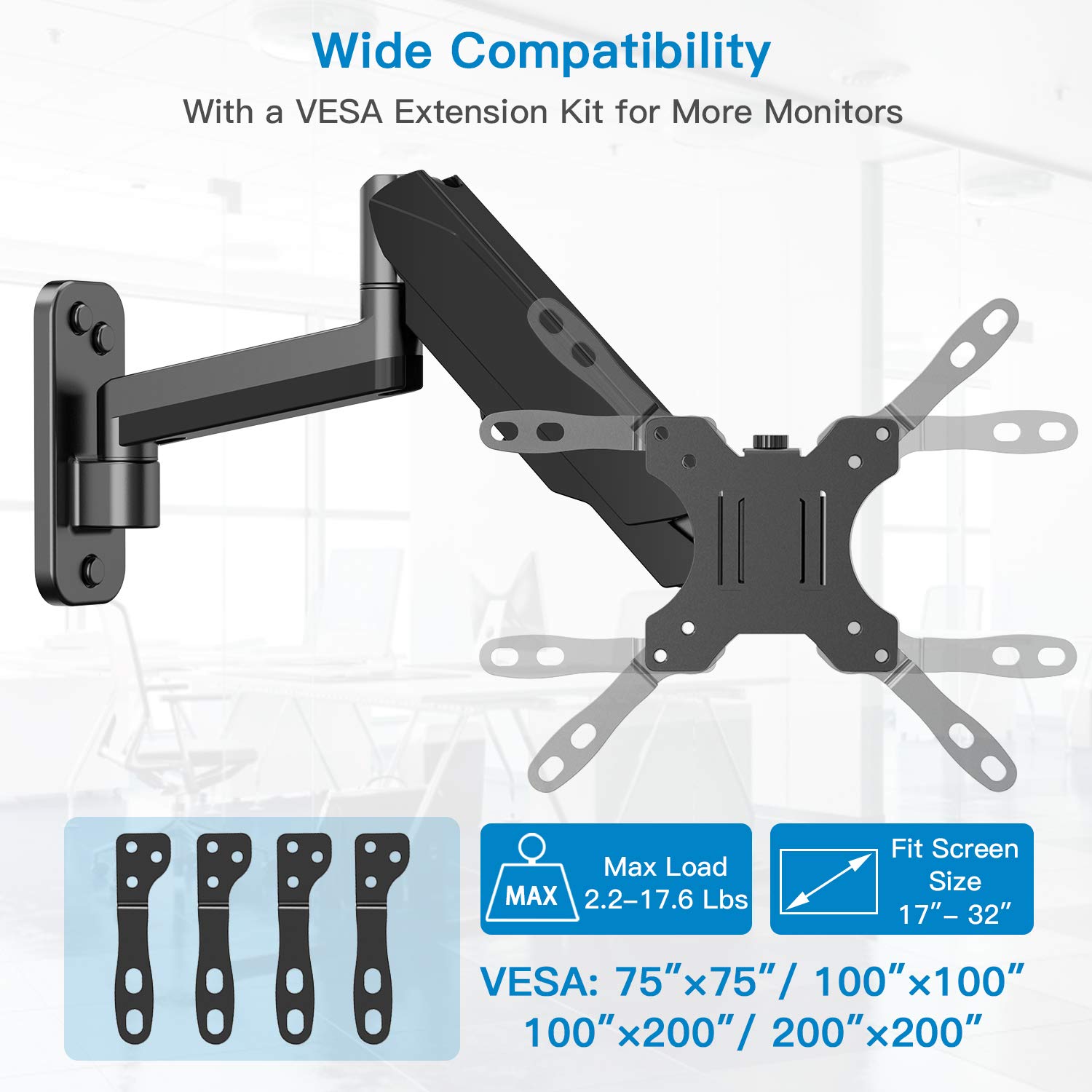 HUANUO Single Monitor Wall Mount-black with VESA Extension Kit for 17 to 32 Inch LCD Computer Screens