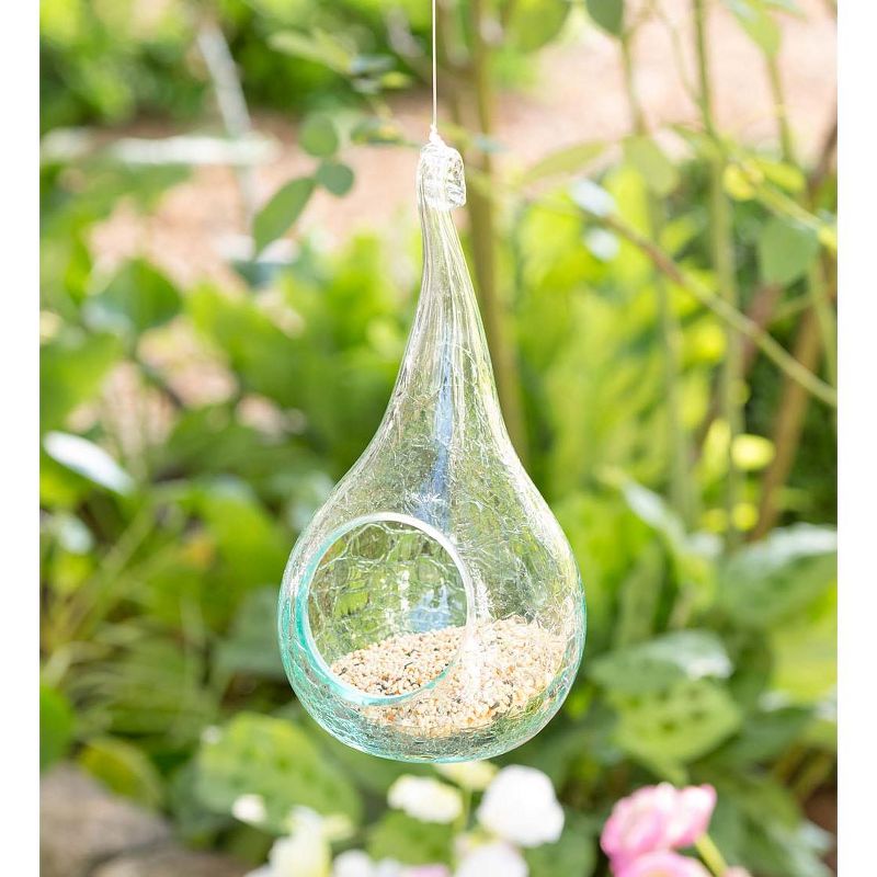 Wind & Weather Handcrafted Small Glass Bird Feeder with Hanging Wire and Hook