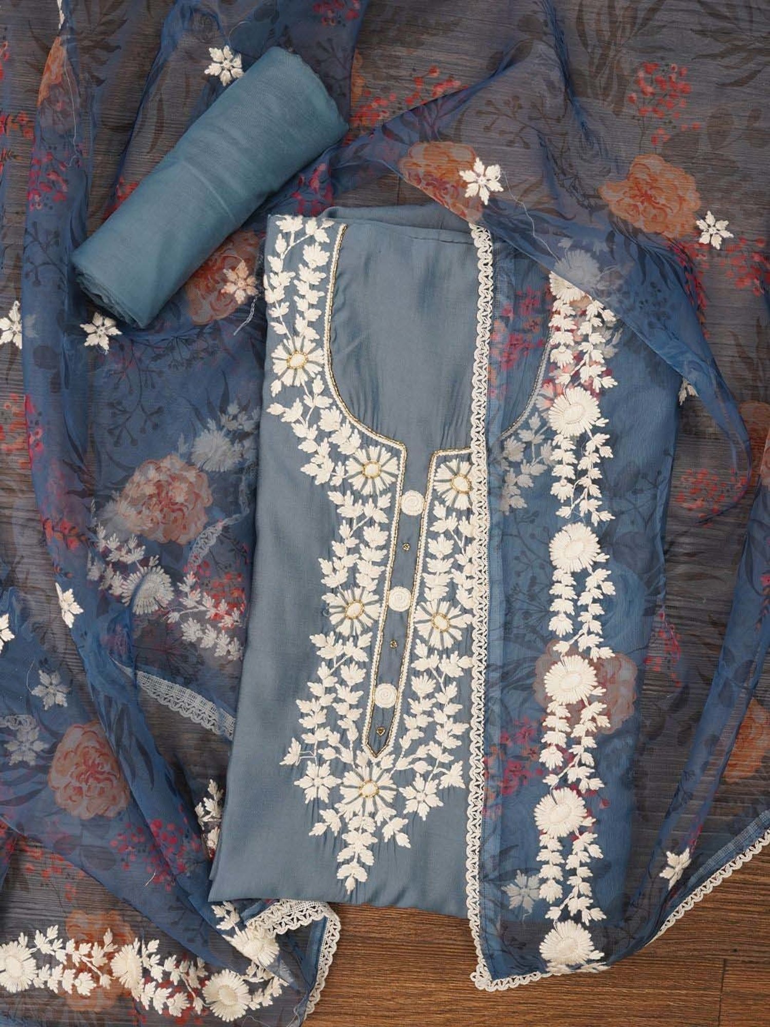 Jaipur Kurti Grey Embroidered Unstitched Dress Material