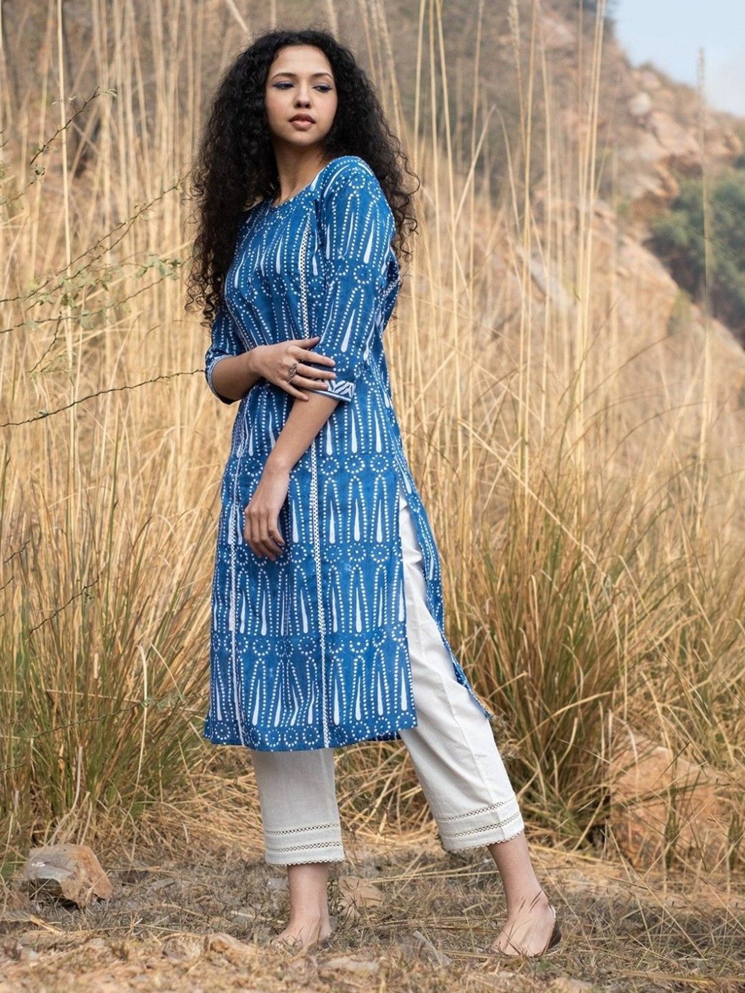 Akiso Neela Indigo Block Printed Summer Kurta With Lace Detail