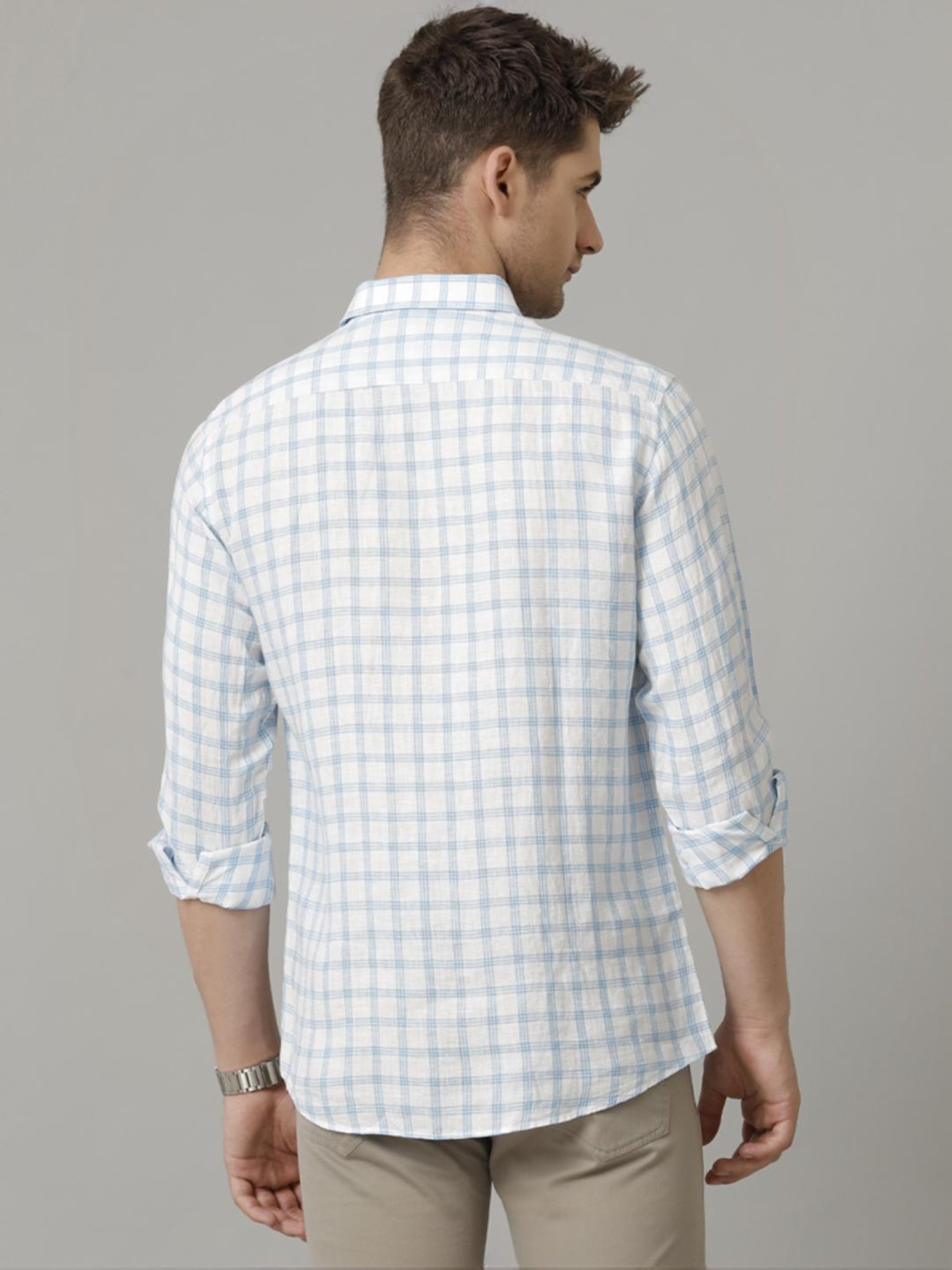 Linen Club Blue Linen Contemporary Fit Checks Shirt