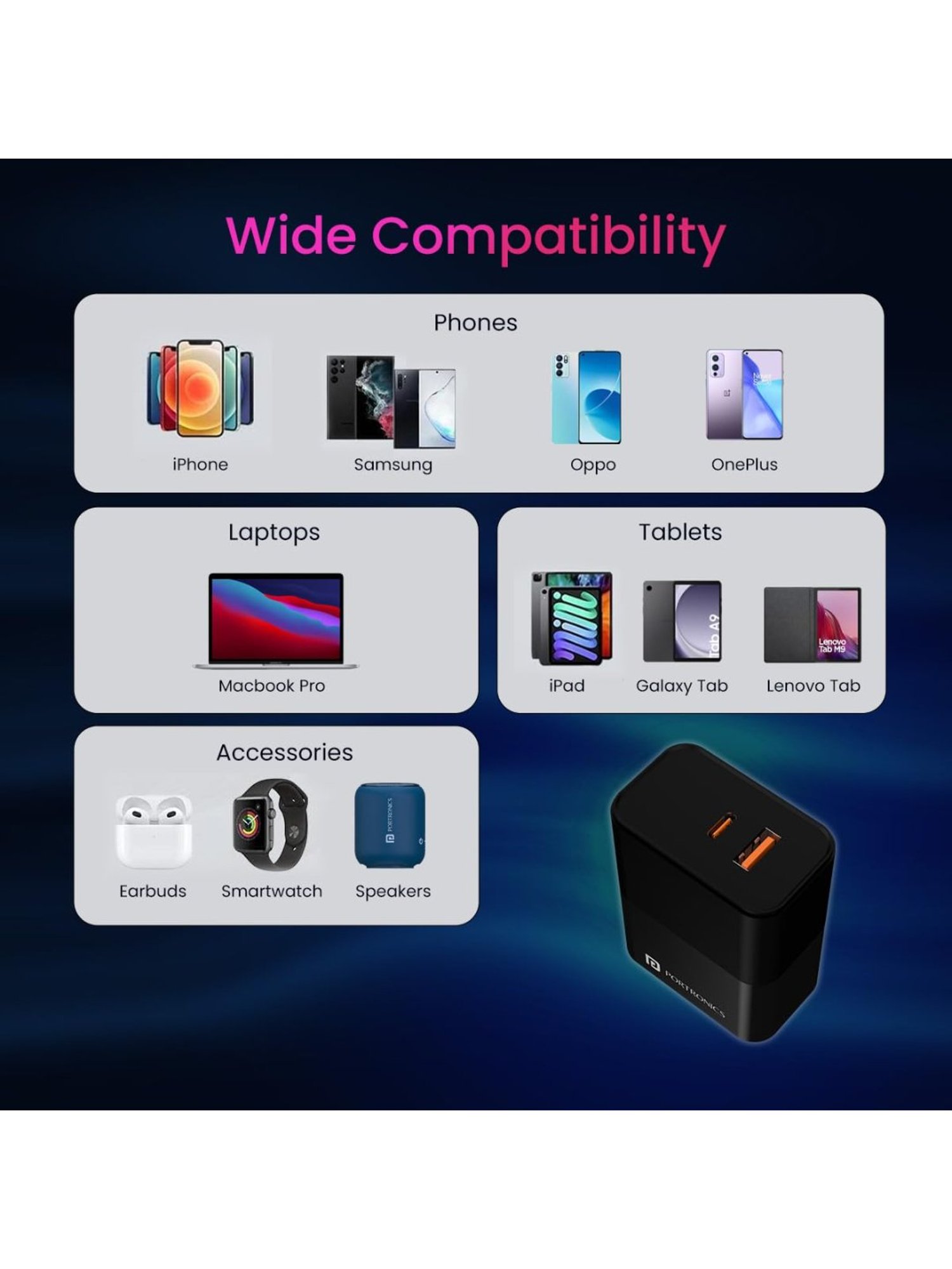 Portronics Adapto 65 Pro 65W Dual Ports Outputs GaN Fast Wall Charger with Cable (Black)