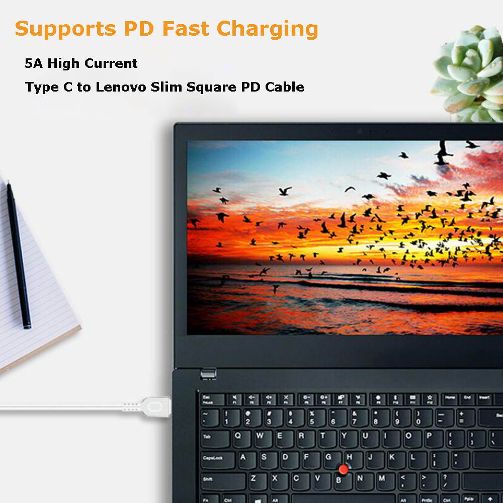 USB-C Type-C to Slim Squqre Tip PD Charger Power Cable for Lenovo 65W or Below Slim Tip Laptops