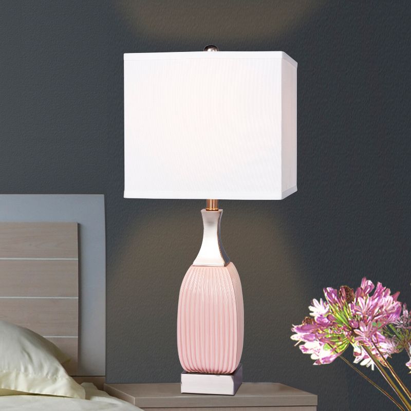 Vertically Ribbed Ceramic And Nickel Metal Table Lamp Pink  - Fangio Lighting